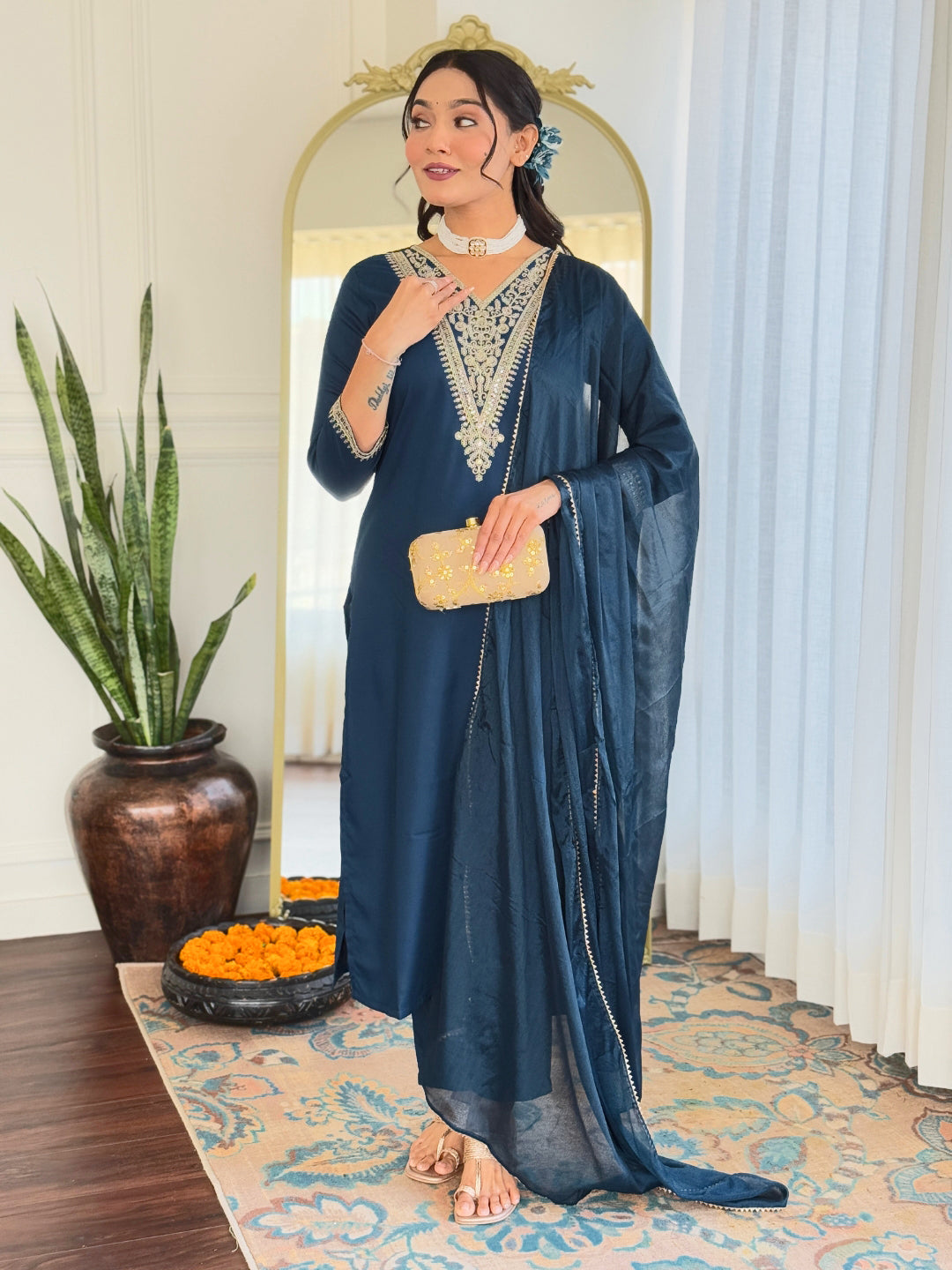 Dark Blue Rayon Elegant Kurta Pant Set With Embroidery Work
