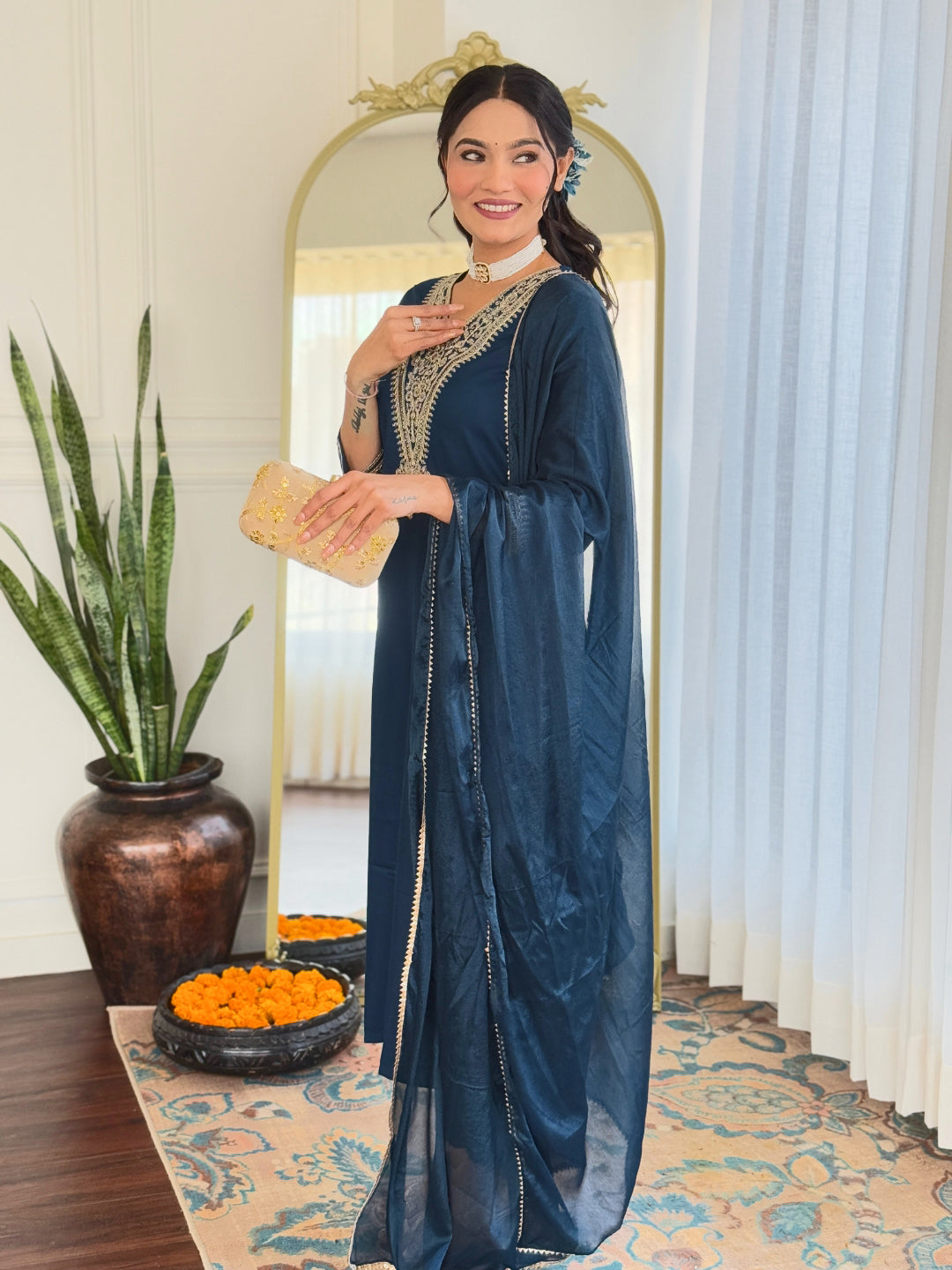 Dark Blue Rayon Elegant Kurta Pant Set With Embroidery Work