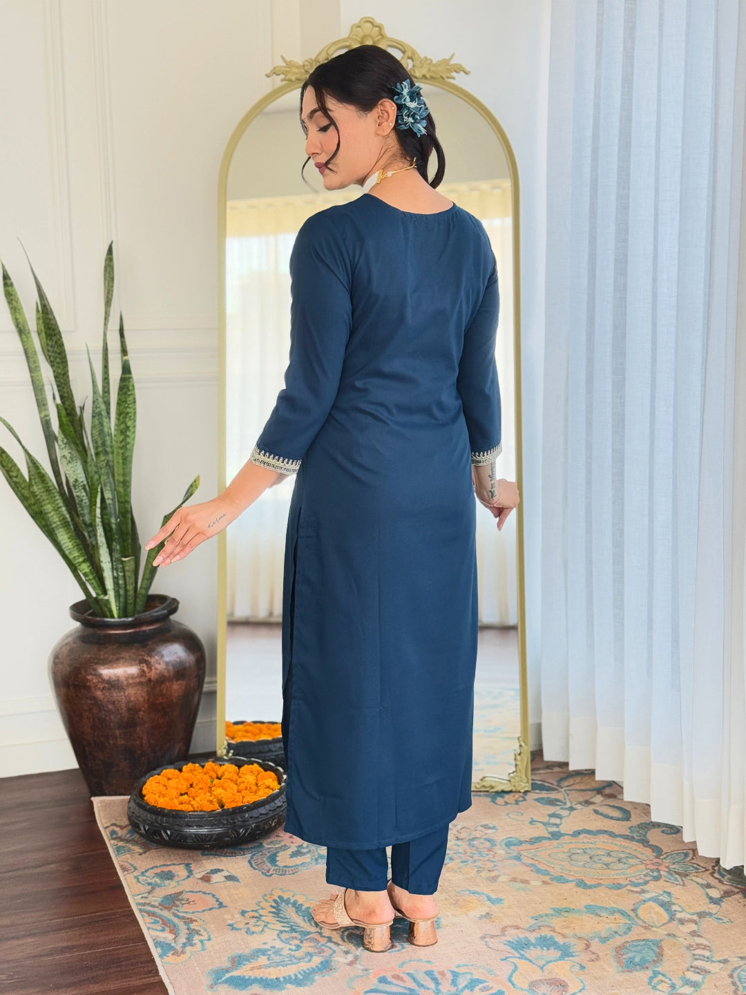 Dark Blue Rayon Elegant Kurta Pant Set With Embroidery Work