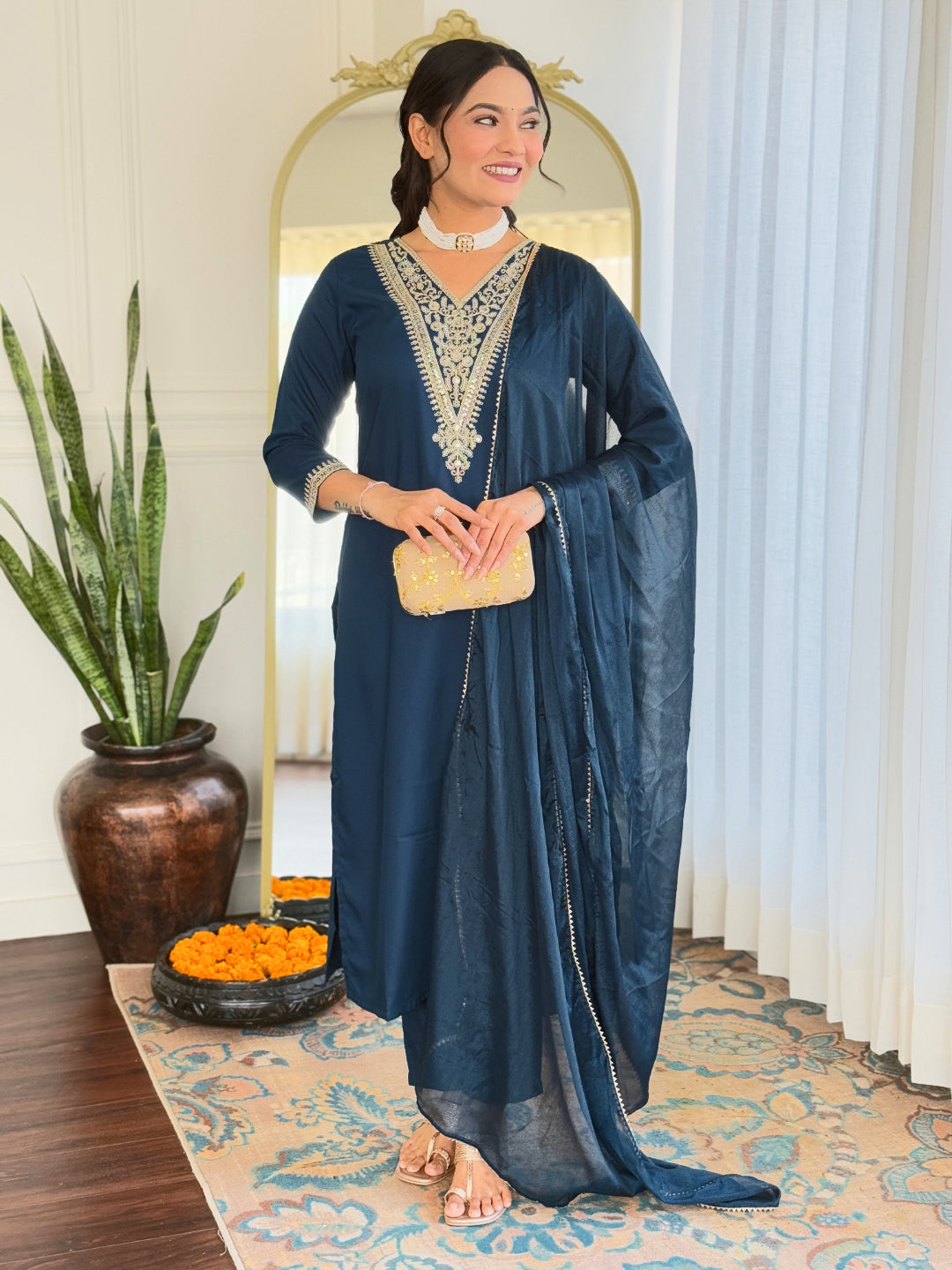 Dark Blue Rayon Elegant Kurta Pant Set With Embroidery Work