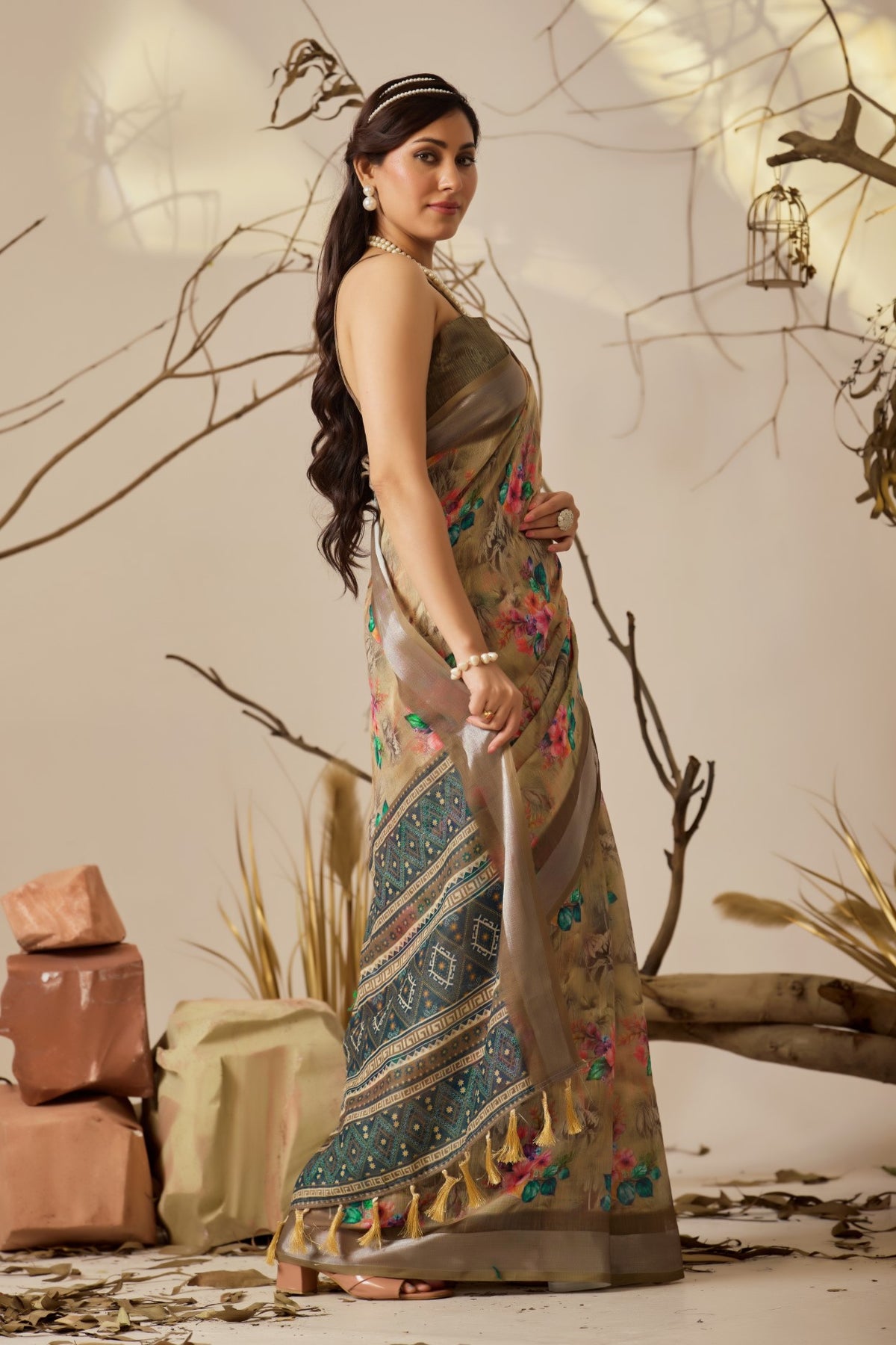 Dark Cream Linen Cotton Saree with Digital Print