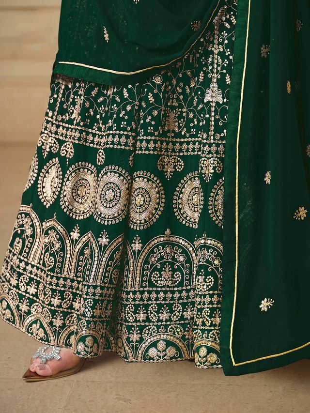 Dark Green Anarkali Suit With Heavy Thread Embroidery With Sequis Work