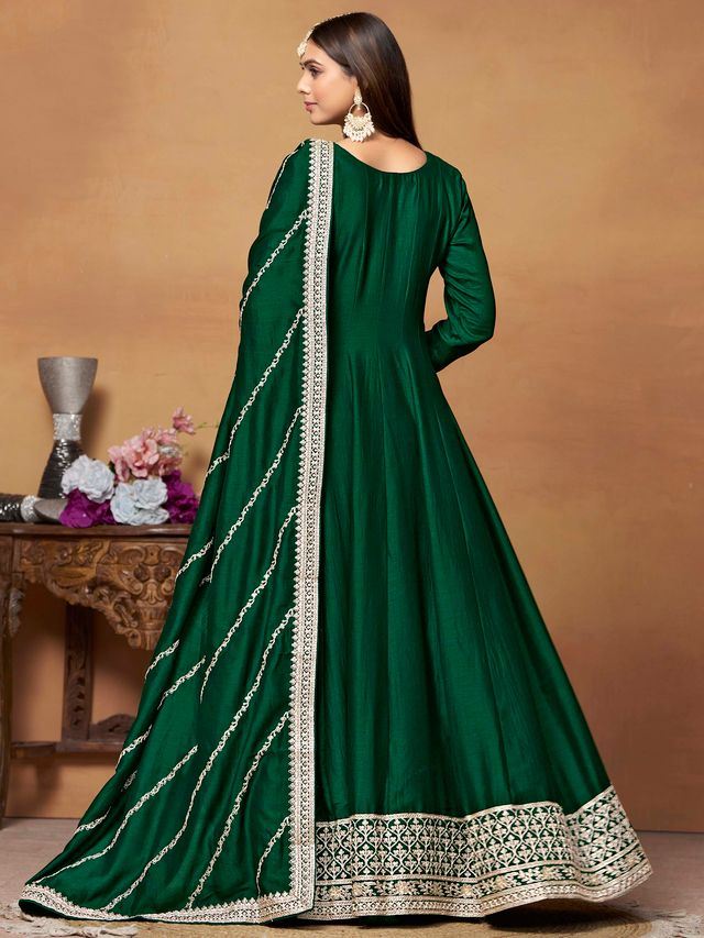 Dark Green Anarkali Suit With Heavy Thread Embroidery With Sequis Work