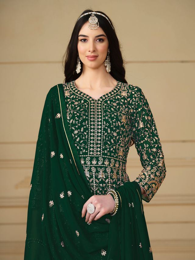 Dark Green Anarkali Suit With Heavy Thread Embroidery With Sequis Work