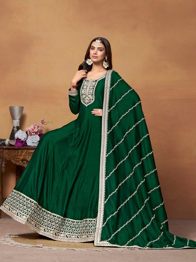 Dark Green Anarkali Suit With Heavy Thread Embroidery With Sequis Work