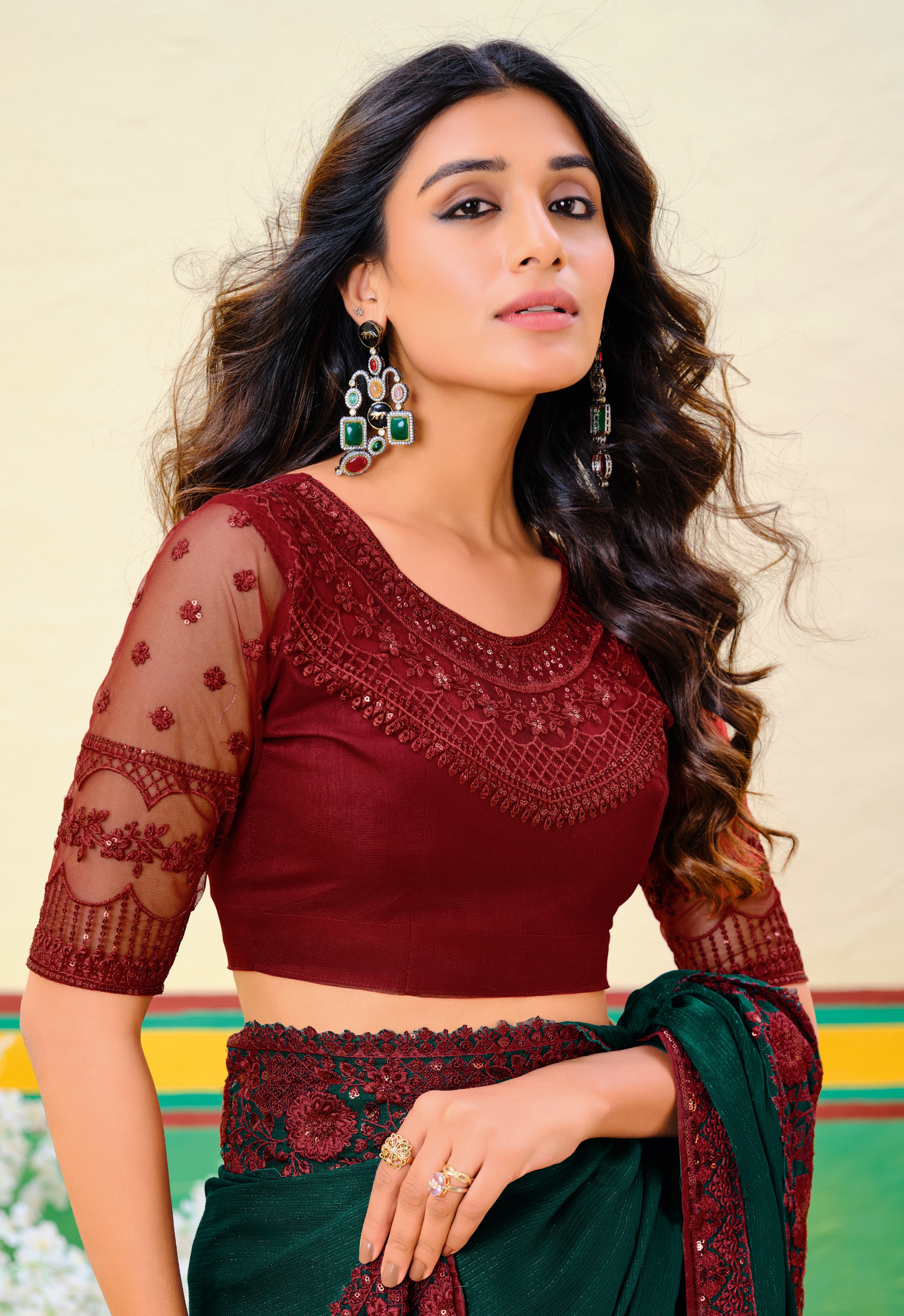 Dark Green Beautiful Embroidered Heavy Partywear Saree