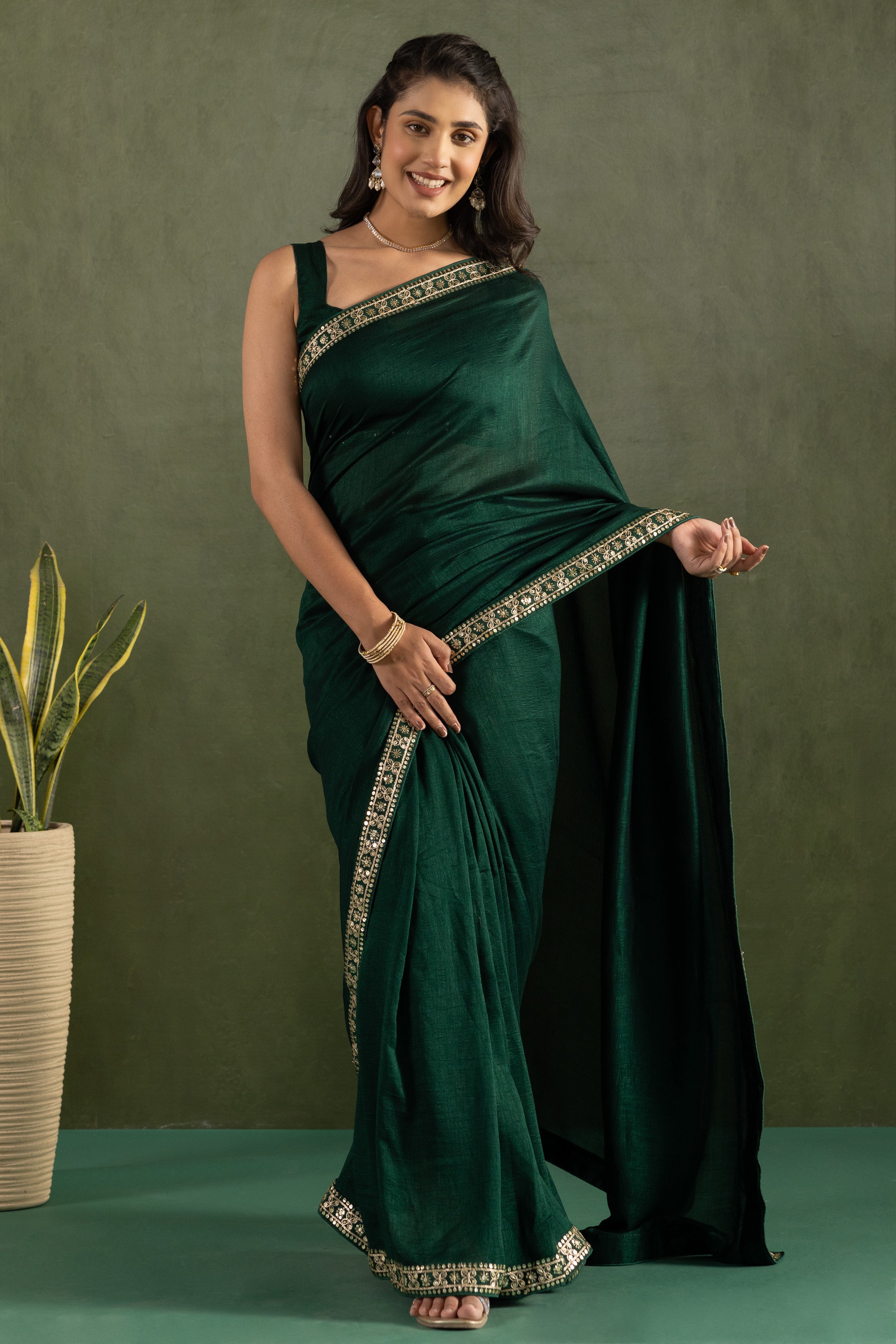 Dark Green Chiffon Ready To Wear Designer Solid Partywear Saree