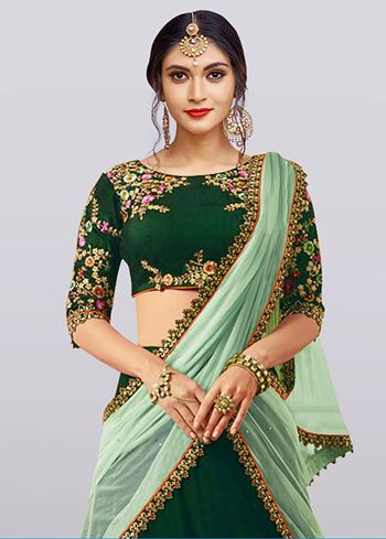 Dark Green Embroidered Taffeta Silk Bridal Lehenga Choli