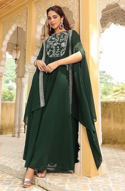 Dark Green Georgette Anarkali Dress With Jacket And Heavy Thread Embroidered Work