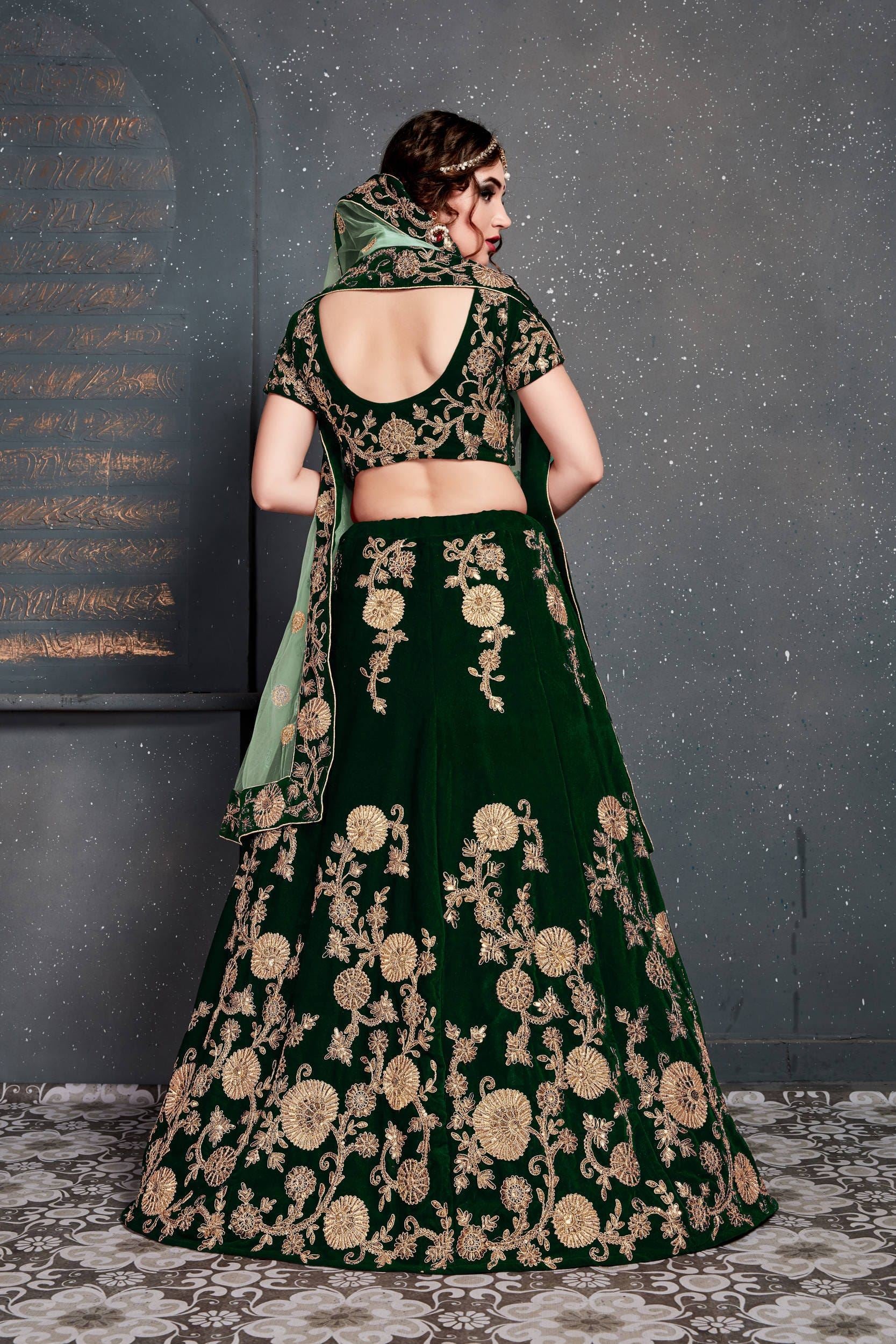 Dark Green Lehenga Choli With Dori, Zari And Sequins Embroidery Work