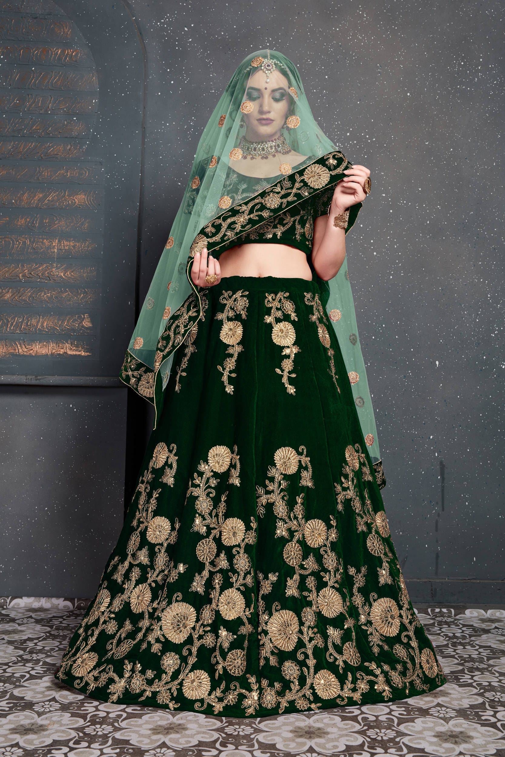 Dark Green Lehenga Choli With Dori, Zari And Sequins Embroidery Work