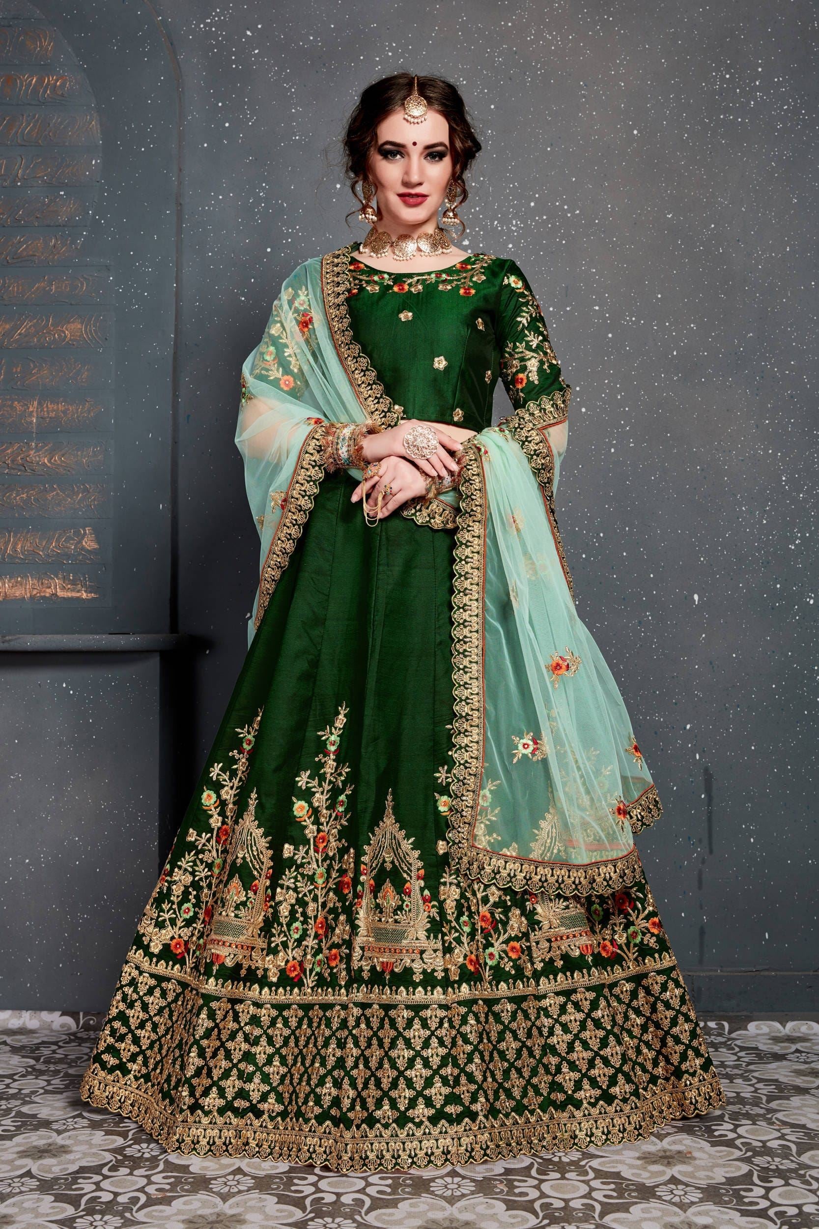 Dark Green Lehenga Choli With Thread, Dori, Zari Embroidery With Diamond Work