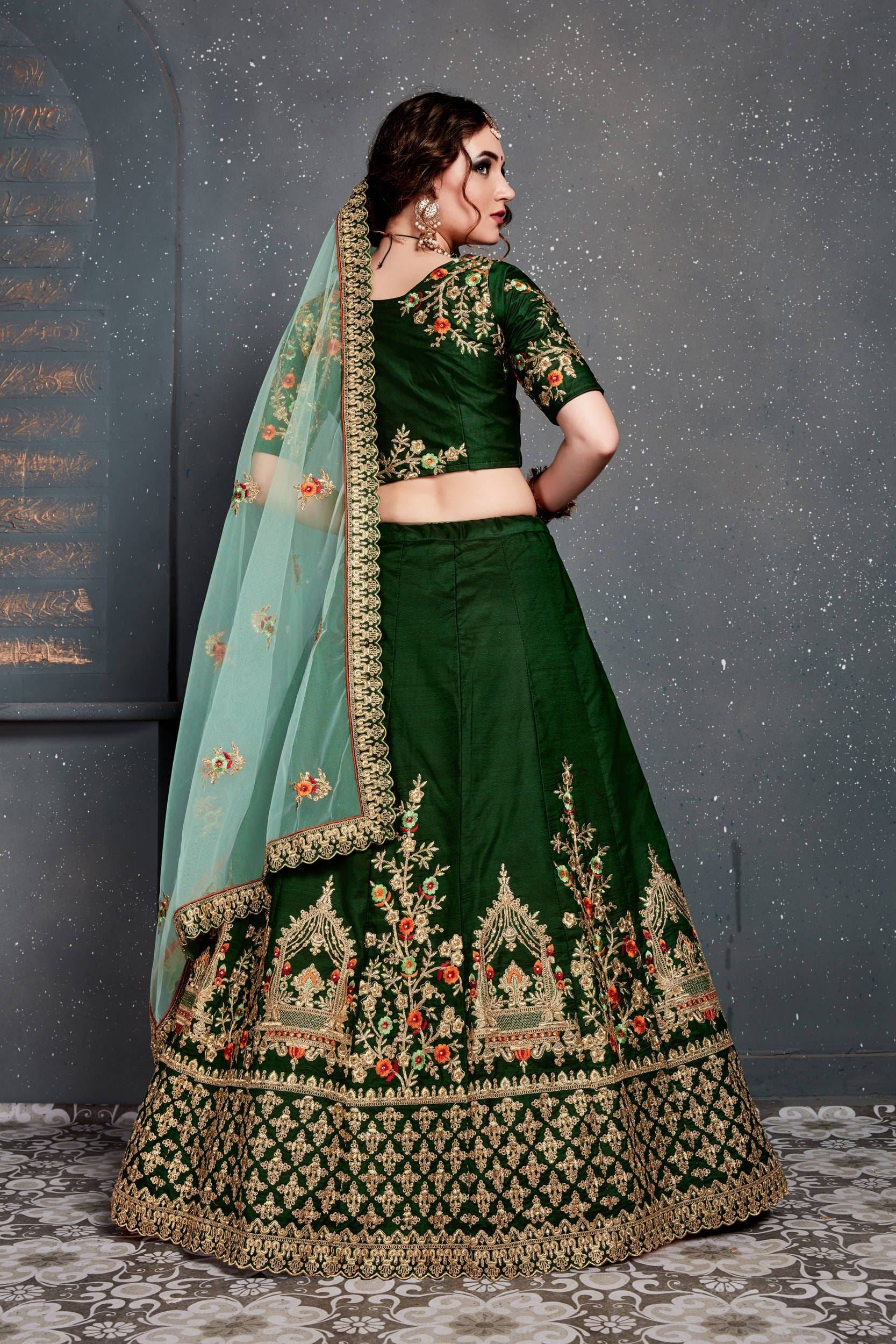 Dark Green Lehenga Choli With Thread, Dori, Zari Embroidery With Diamond Work