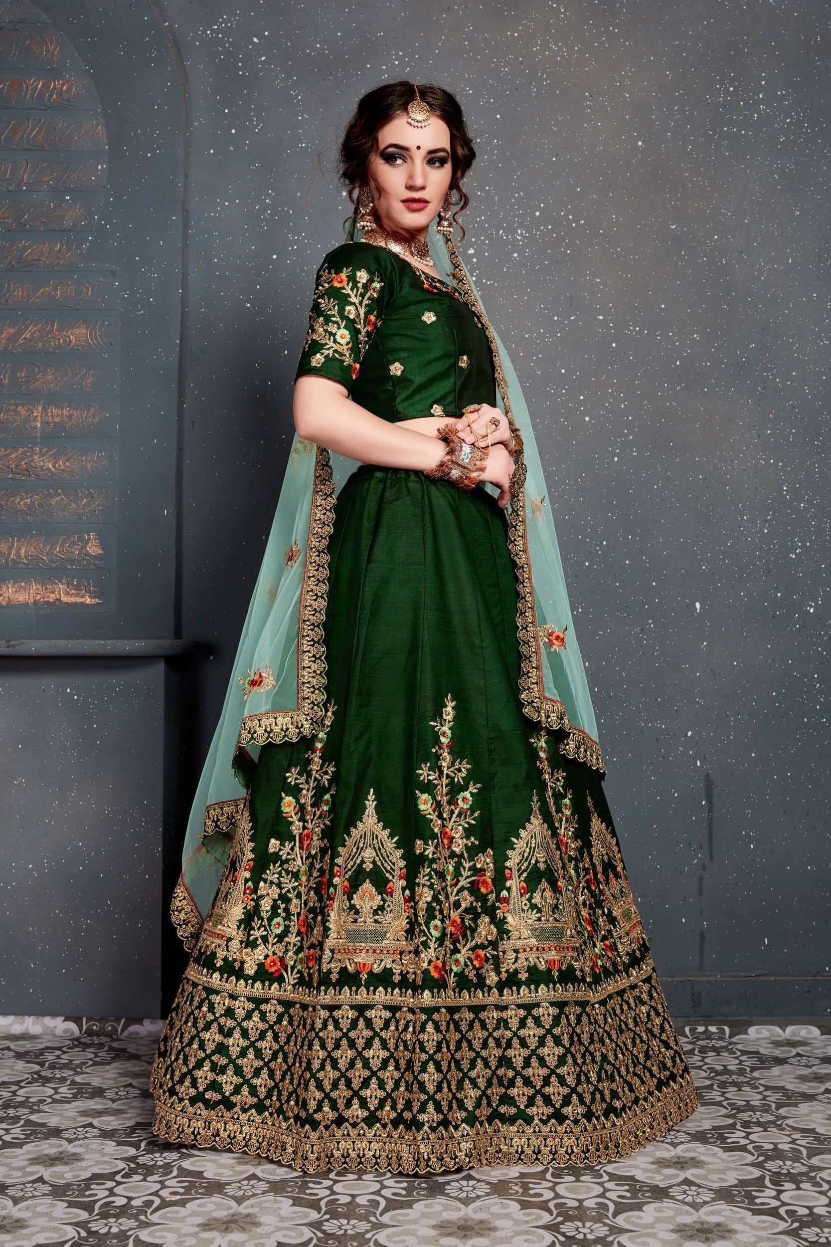 Dark Green Lehenga Choli With Thread, Dori, Zari Embroidery With Diamond Work