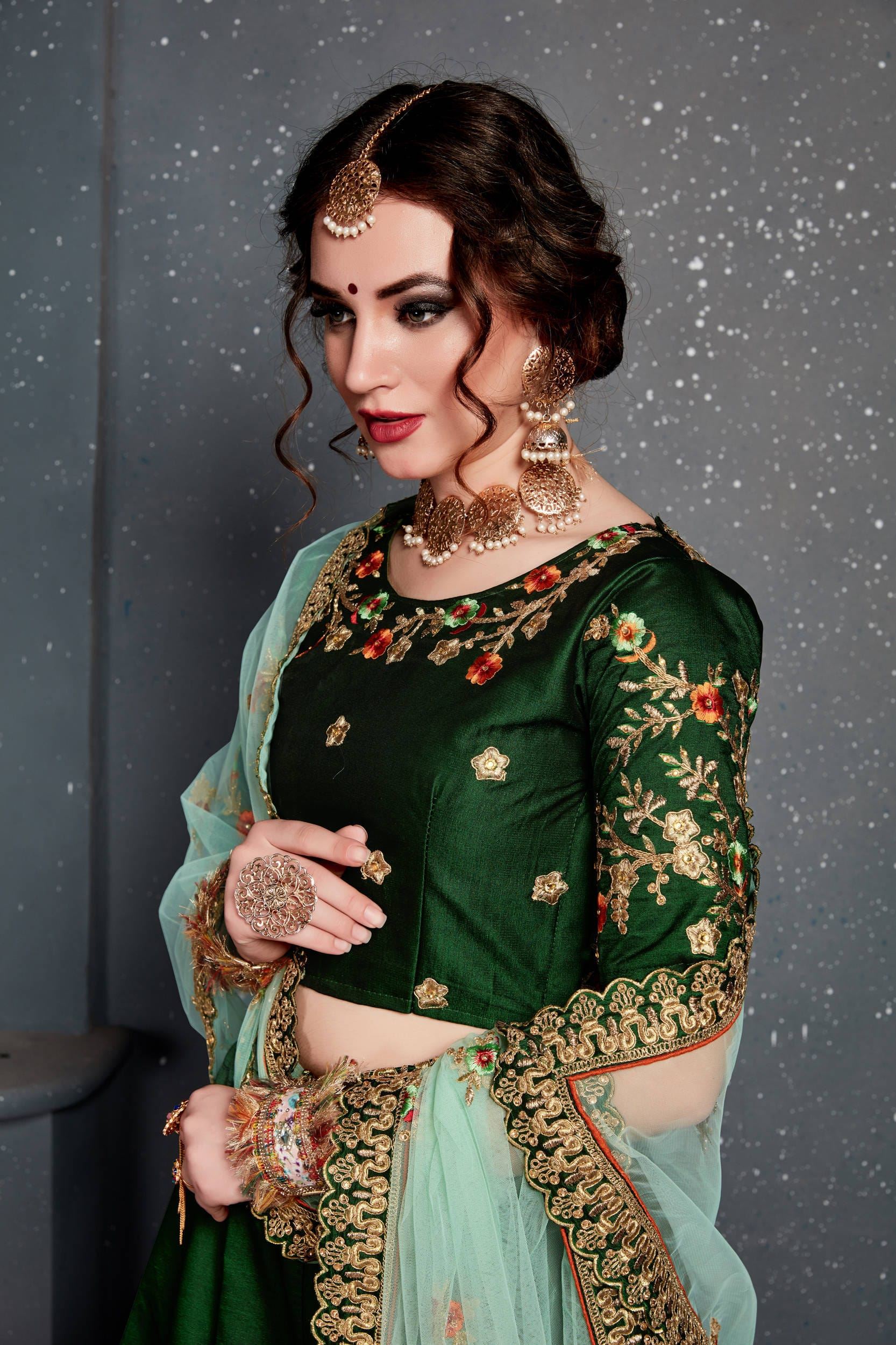 Dark Green Lehenga Choli With Thread, Dori, Zari Embroidery With Diamond Work