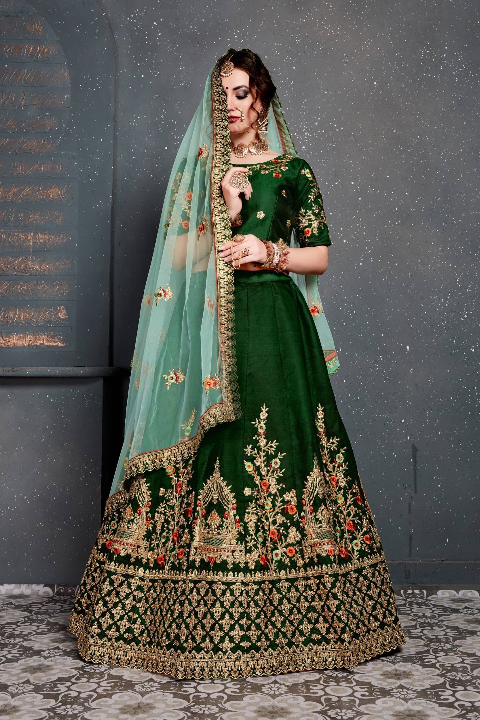 Dark Green Lehenga Choli With Thread, Dori, Zari Embroidery With Diamond Work