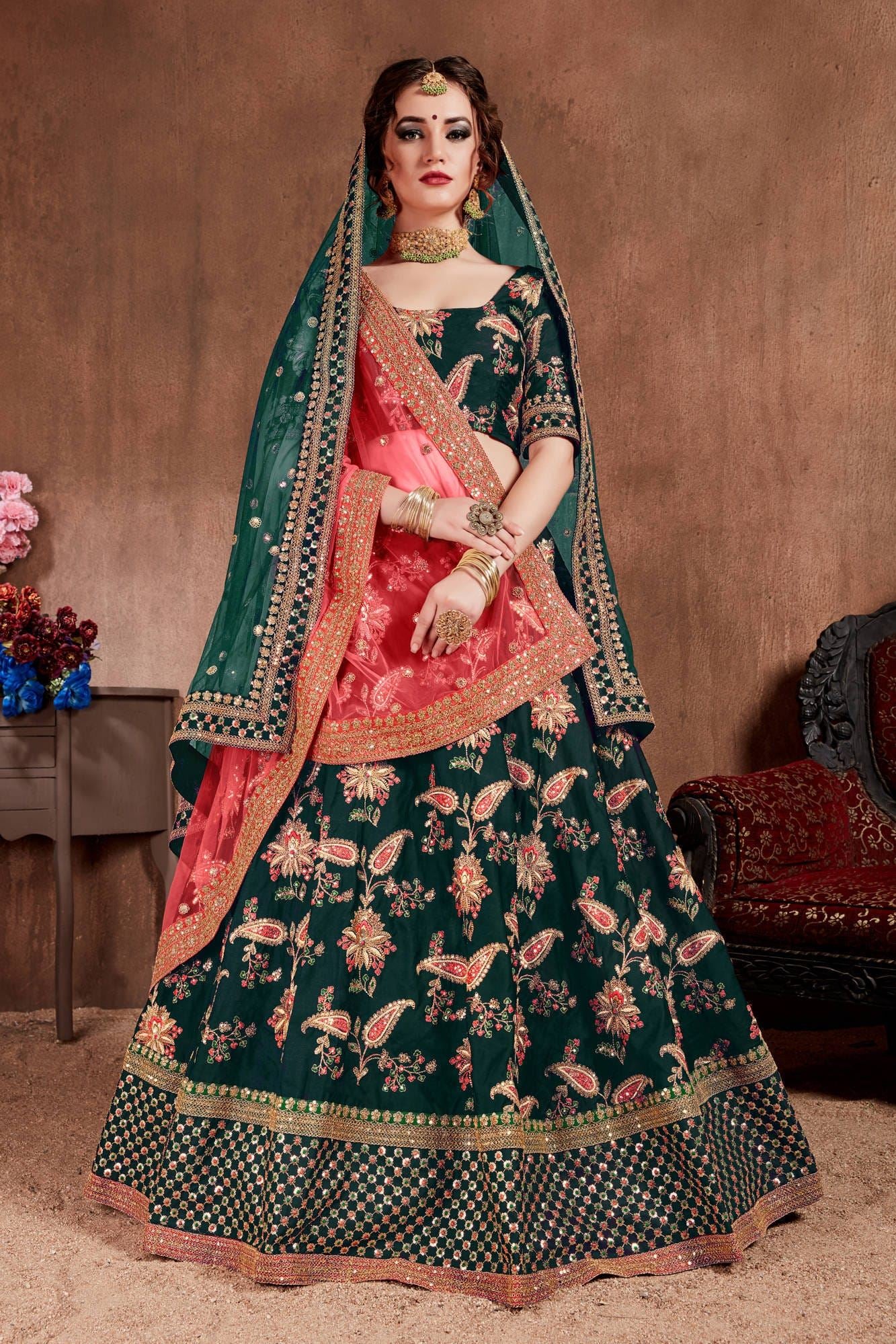 Dark Green Lehenga Choli With Thread, Dori, Zari, Sequins Embroidery Work