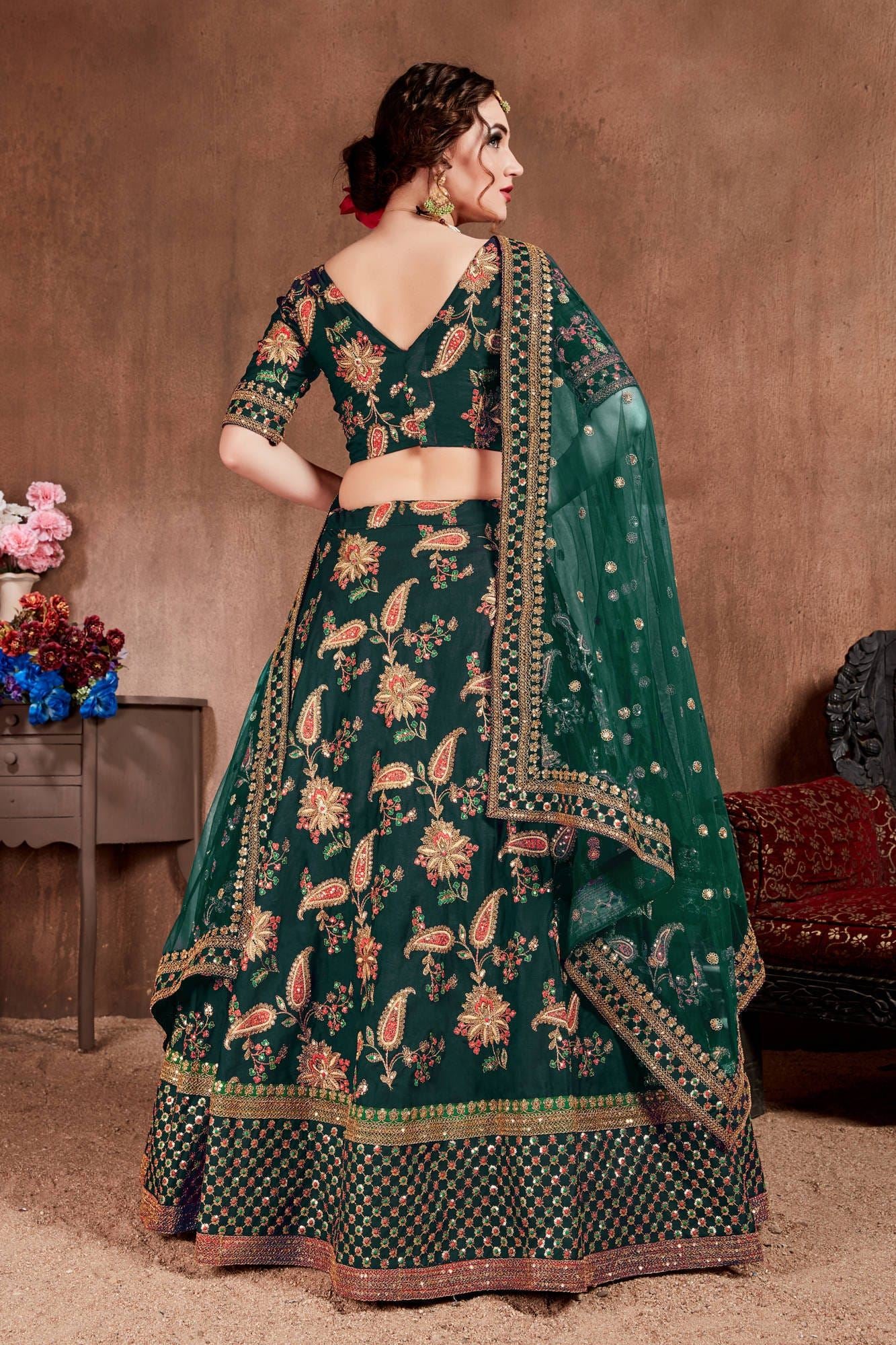 Dark Green Lehenga Choli With Thread, Dori, Zari, Sequins Embroidery Work