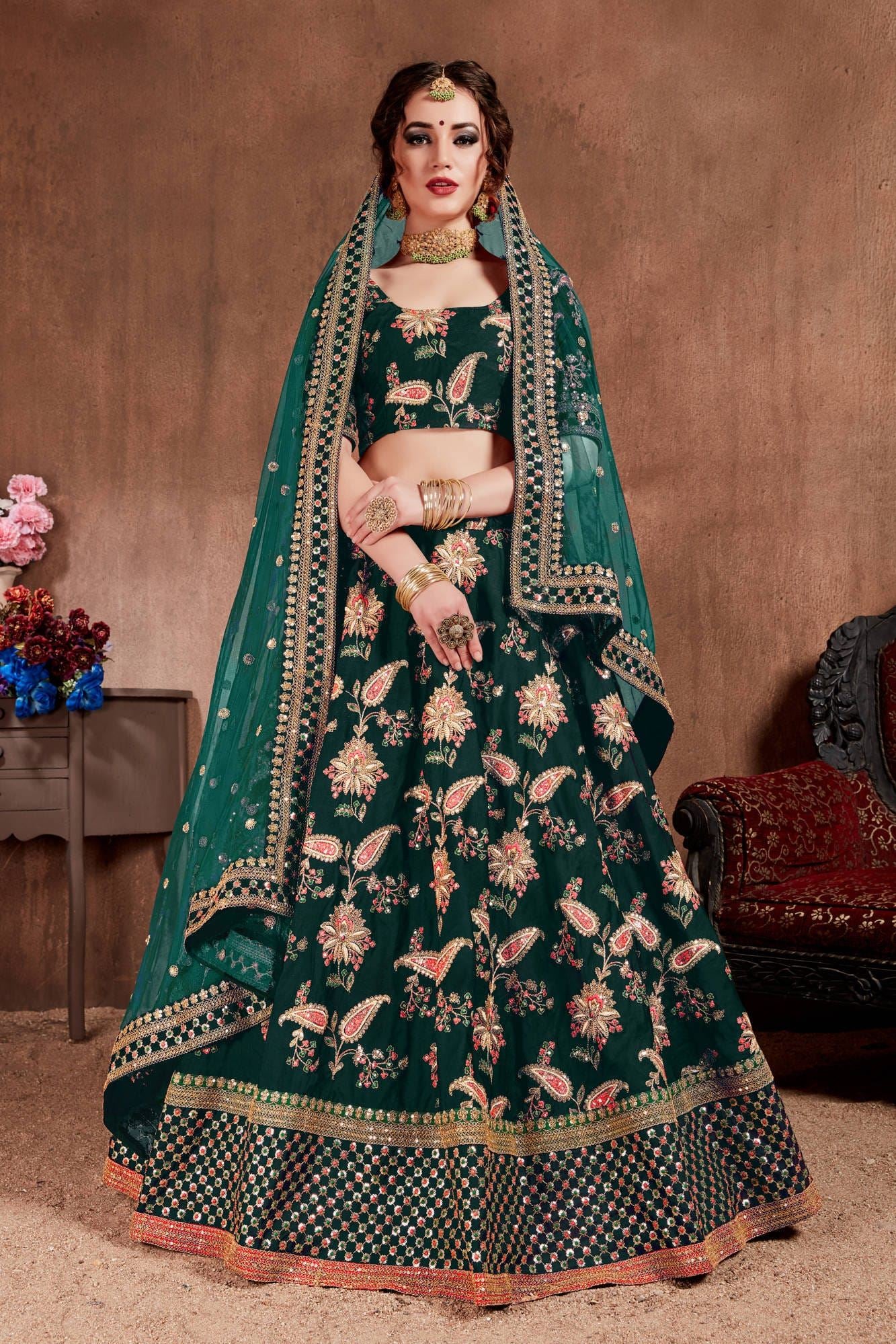 Dark Green Lehenga Choli With Thread, Dori, Zari, Sequins Embroidery Work