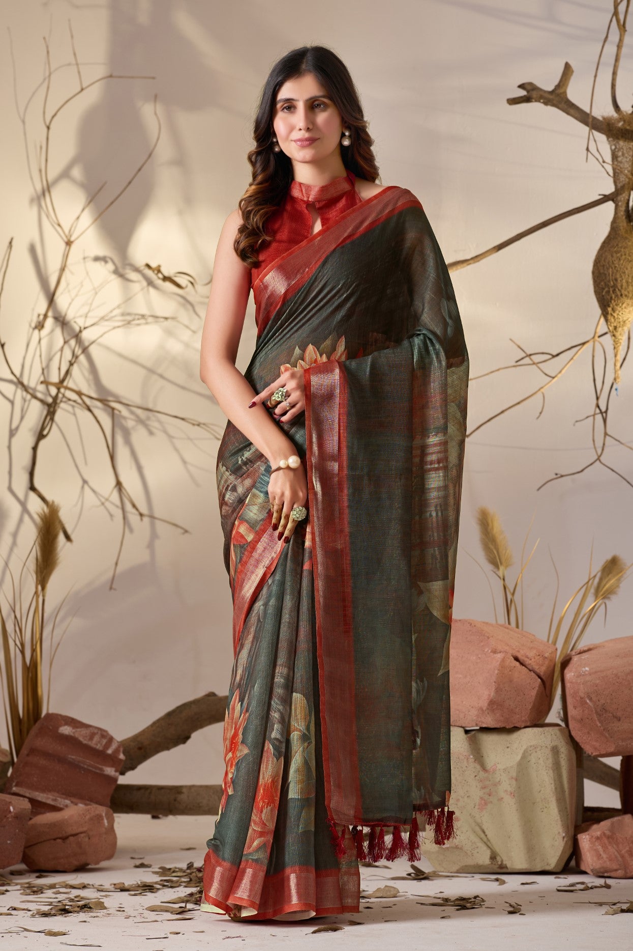 Dark Green Linen Cotton Saree With Digital Printed Elegant Traditional Saree