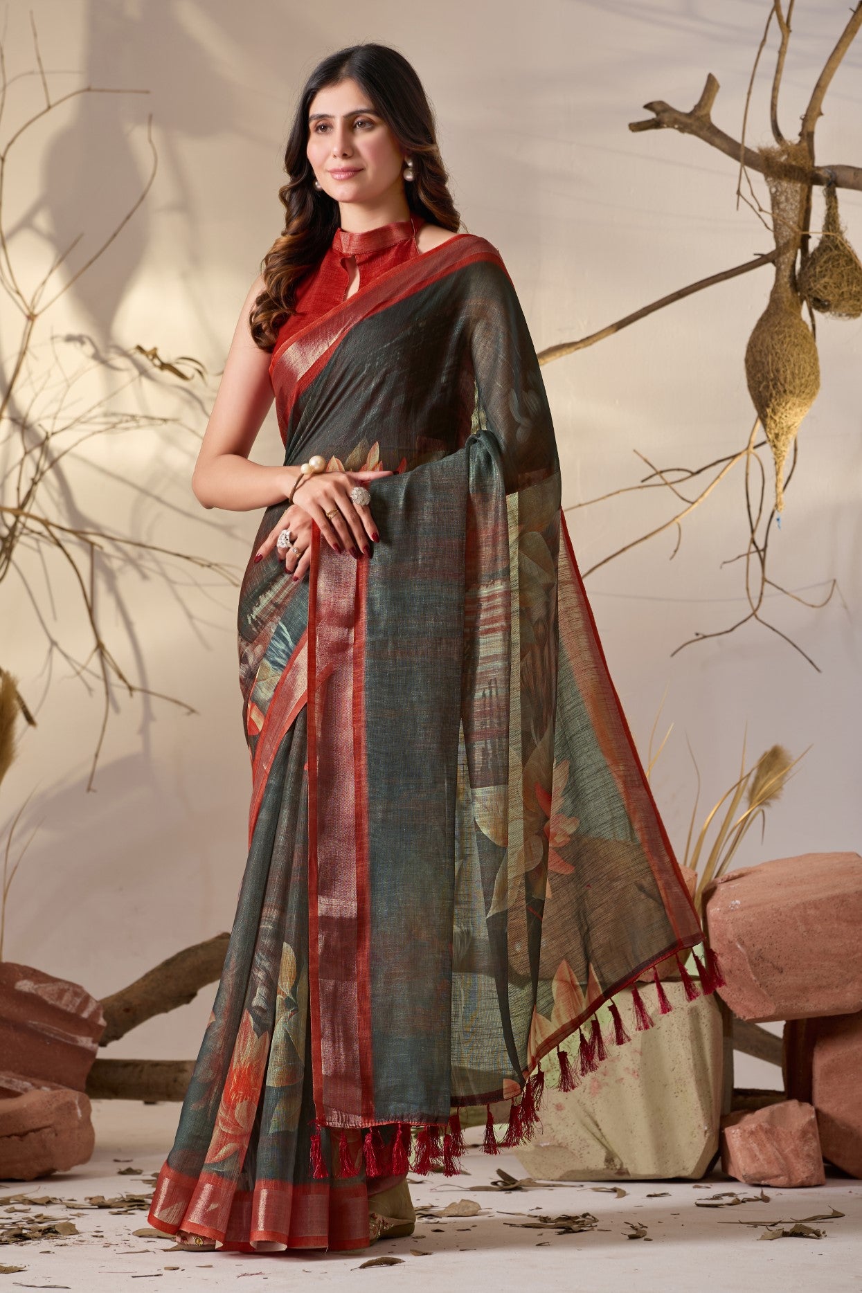 Dark Green Linen Cotton Saree With Digital Printed Elegant Traditional Saree