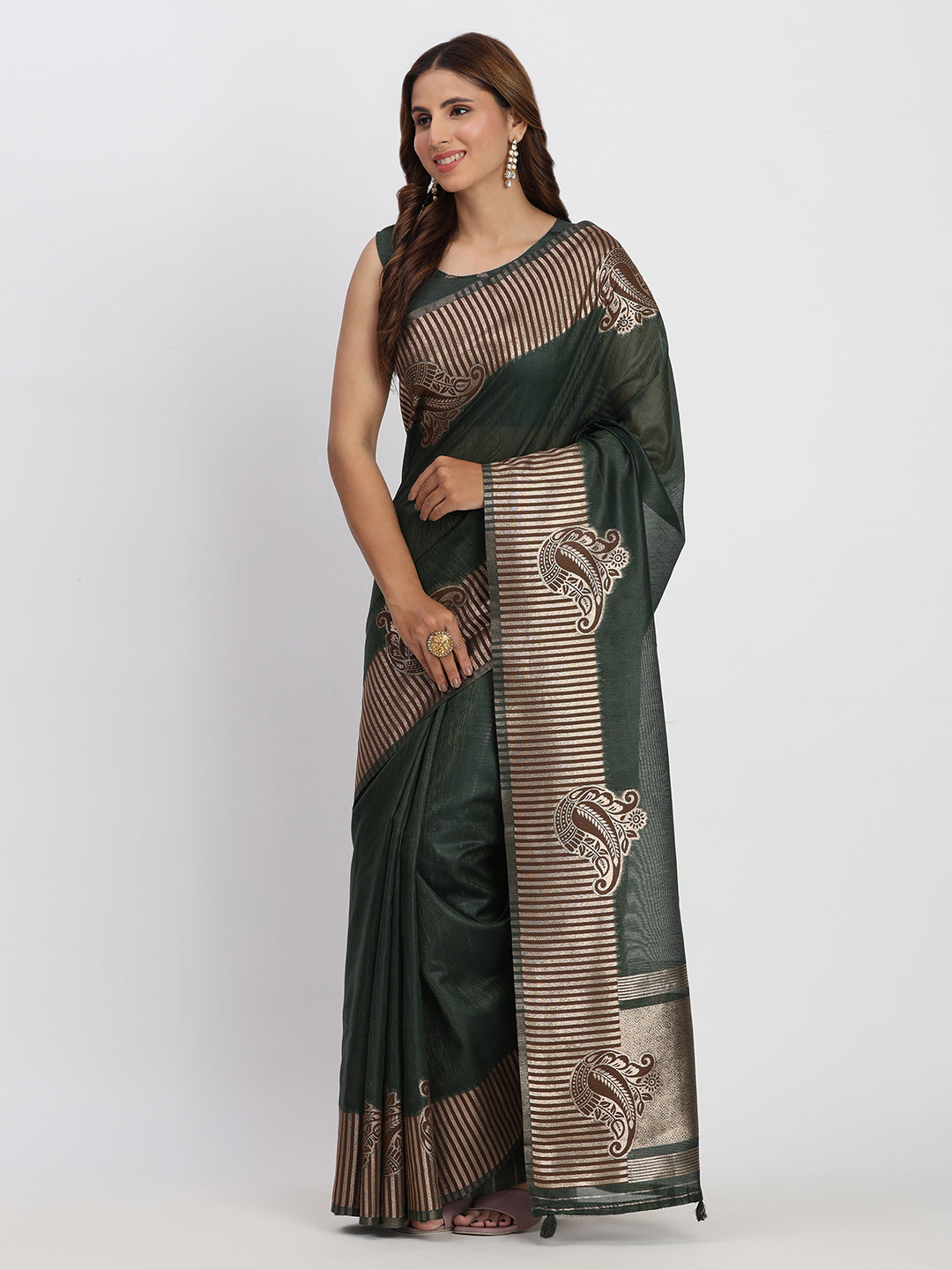 Dark Green Linen Cotton Woven Galla Designer Traditional Partywear Saree
