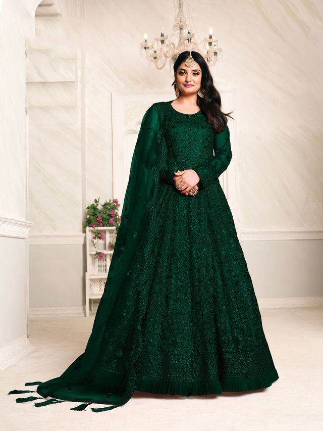 Dark Green Net Heavy Thread Embroidery And Sequence Work Anarkali Suits