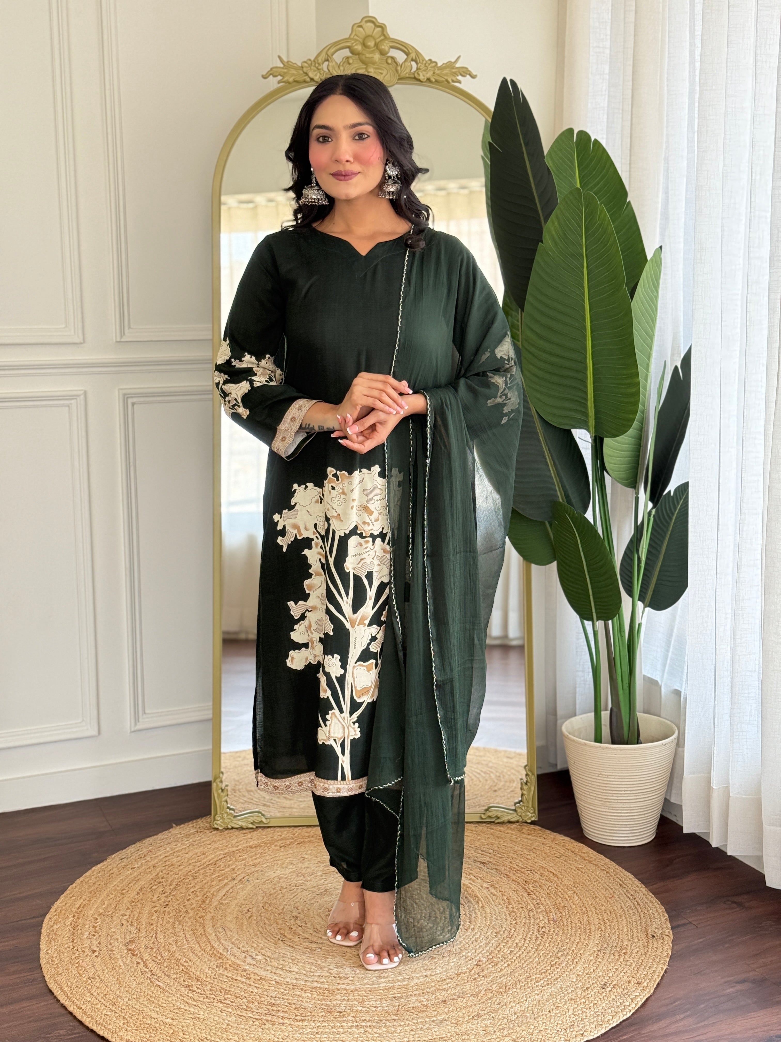 Dark Green Pure Viscose Rayon Kurta Pant with Printed