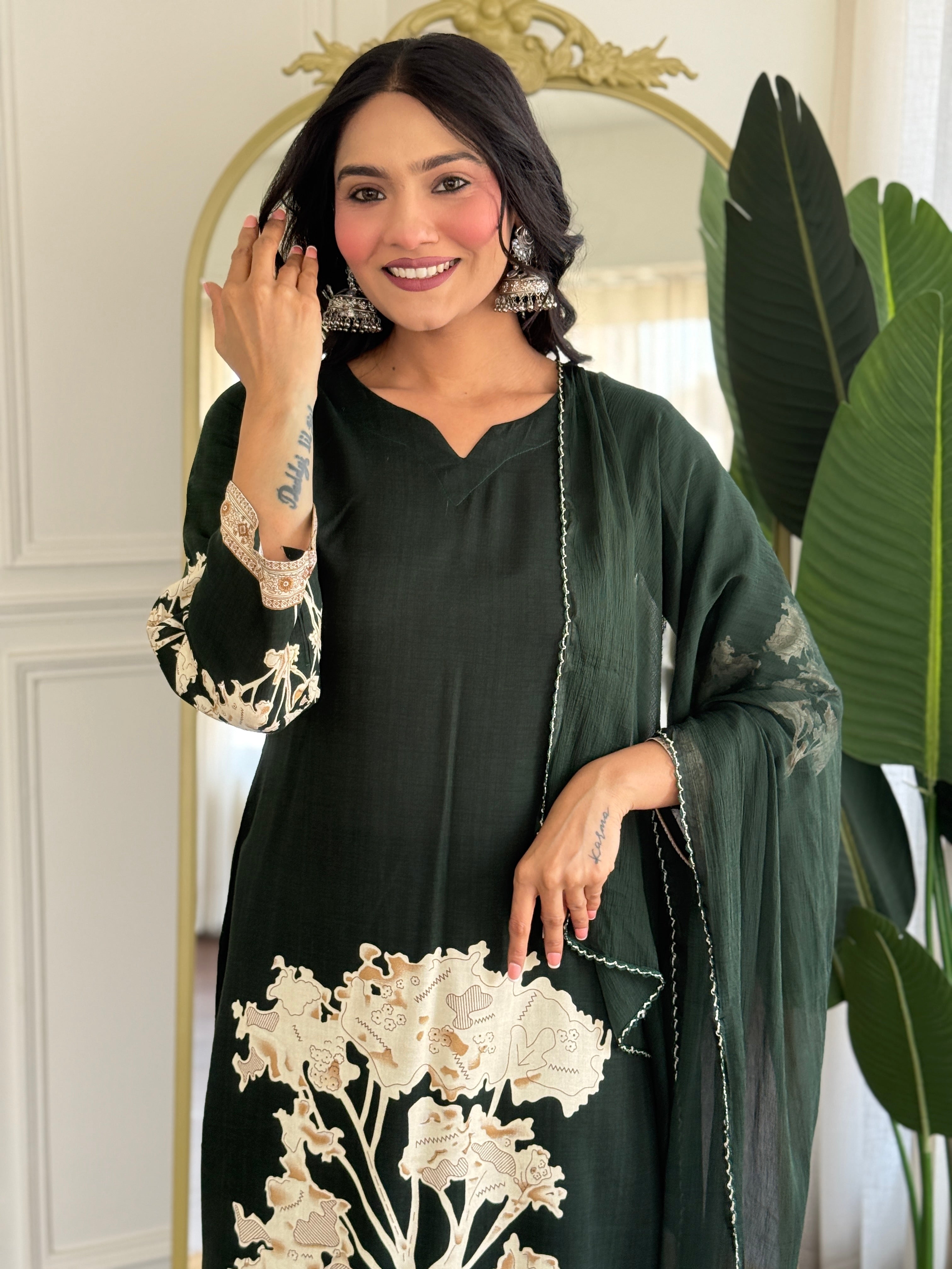 Dark Green Pure Viscose Rayon Kurta Pant with Printed