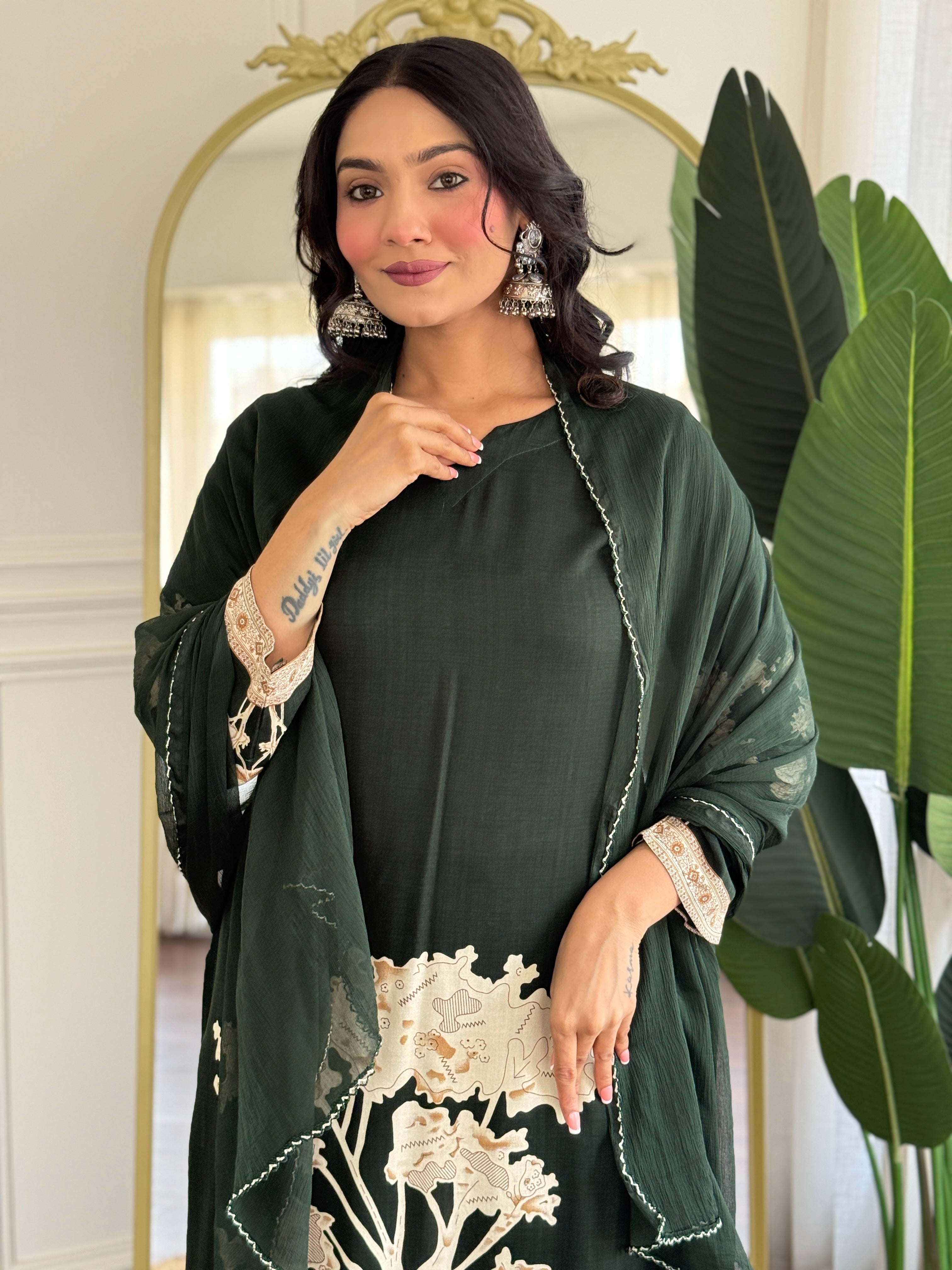 Dark Green Pure Viscose Rayon Kurta Pant with Printed