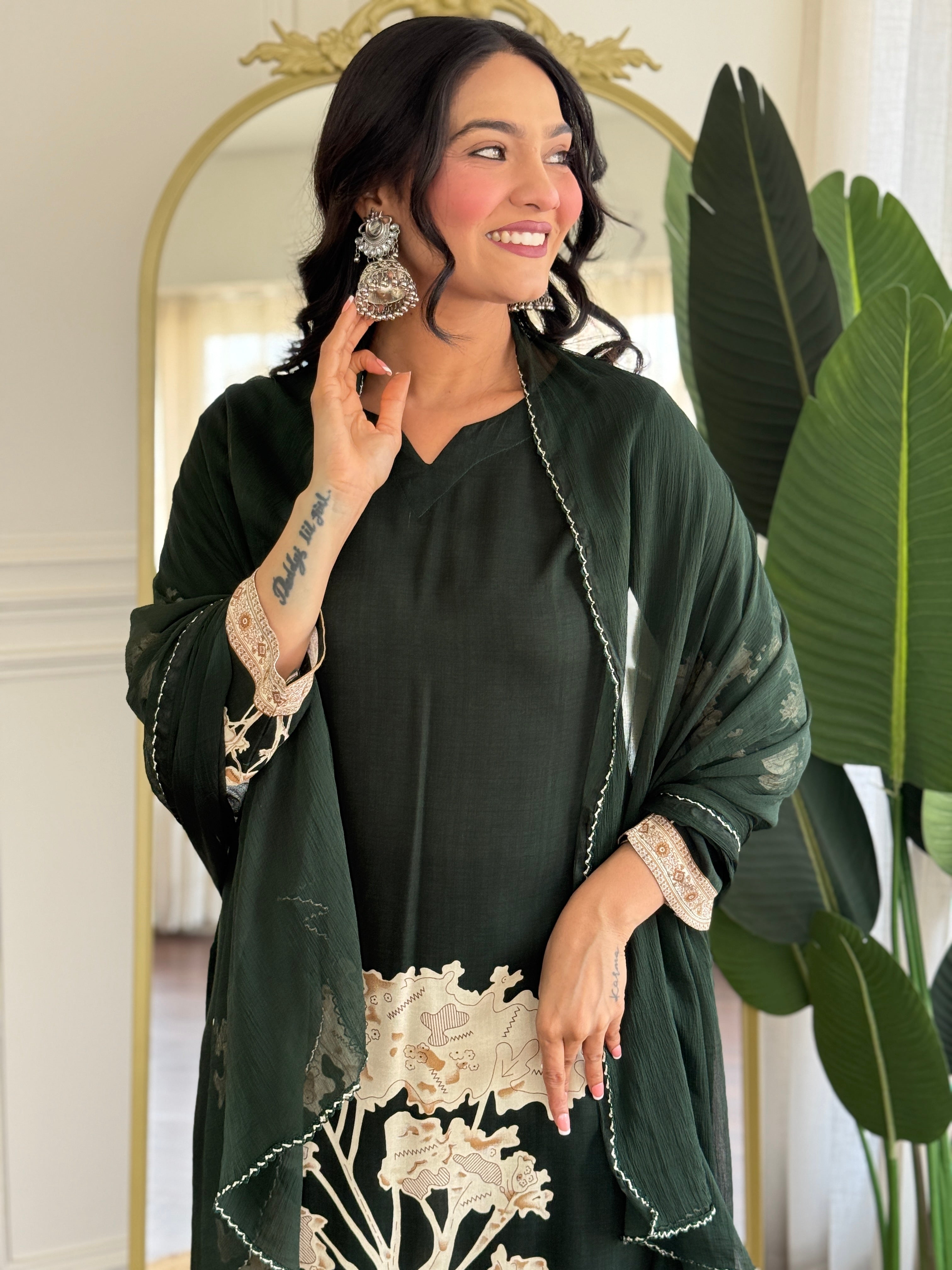 Dark Green Pure Viscose Rayon Kurta Pant with Printed