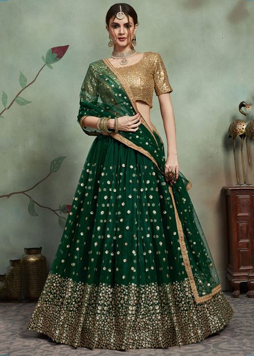 Dark Green Sequins Work Net Party Wear Lehenga Choli with Dupatta