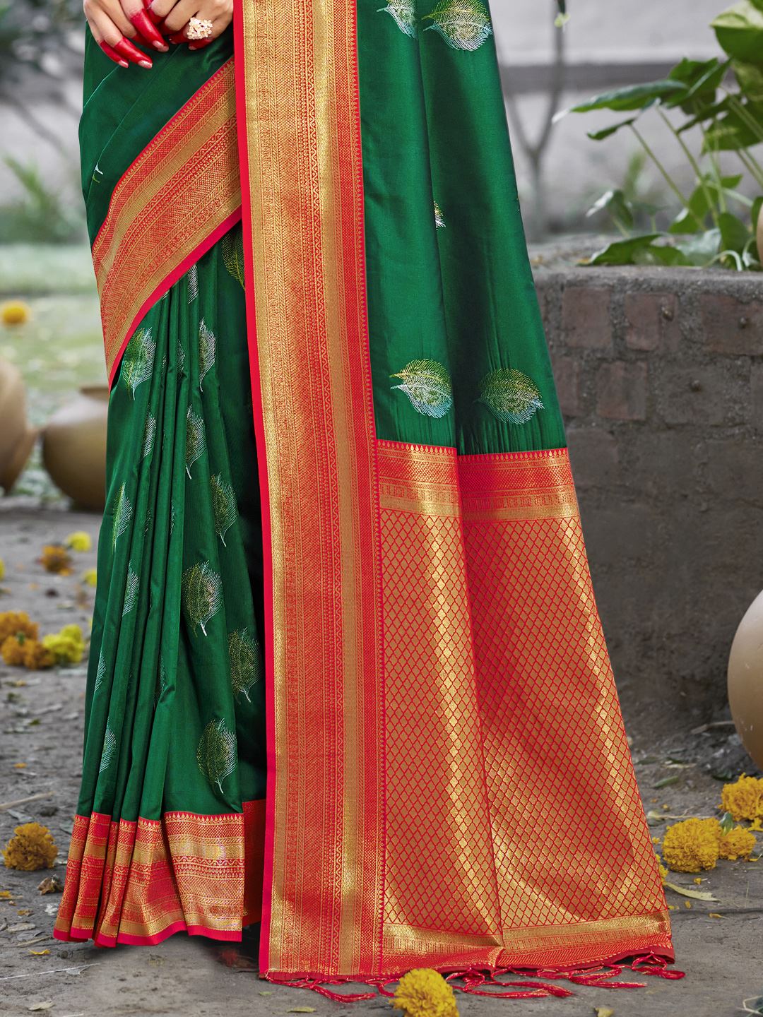Dark Green Silk Saree With Woven Work