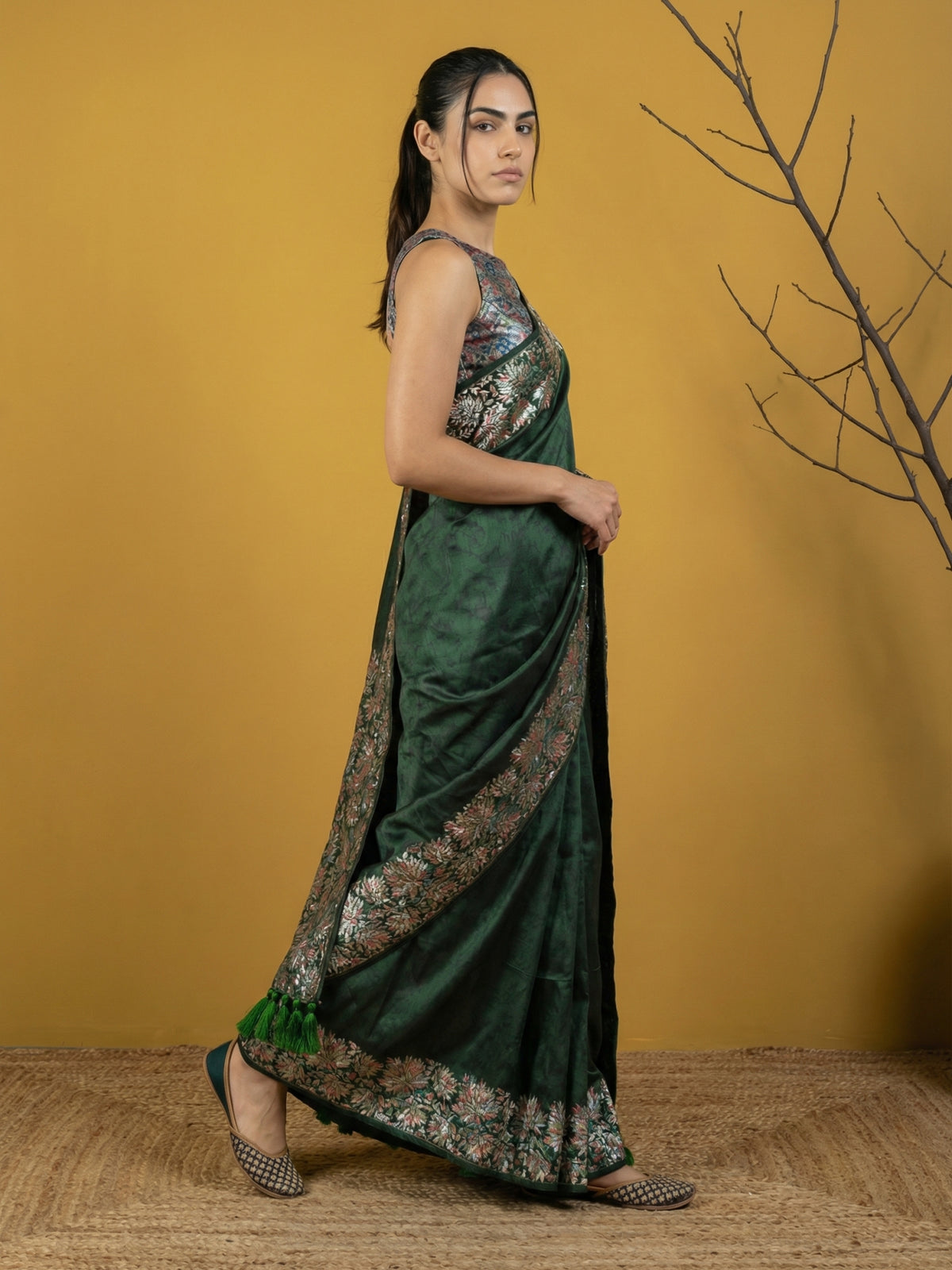 Dark Green Soft Silk Saree with Printed Woven Elegance