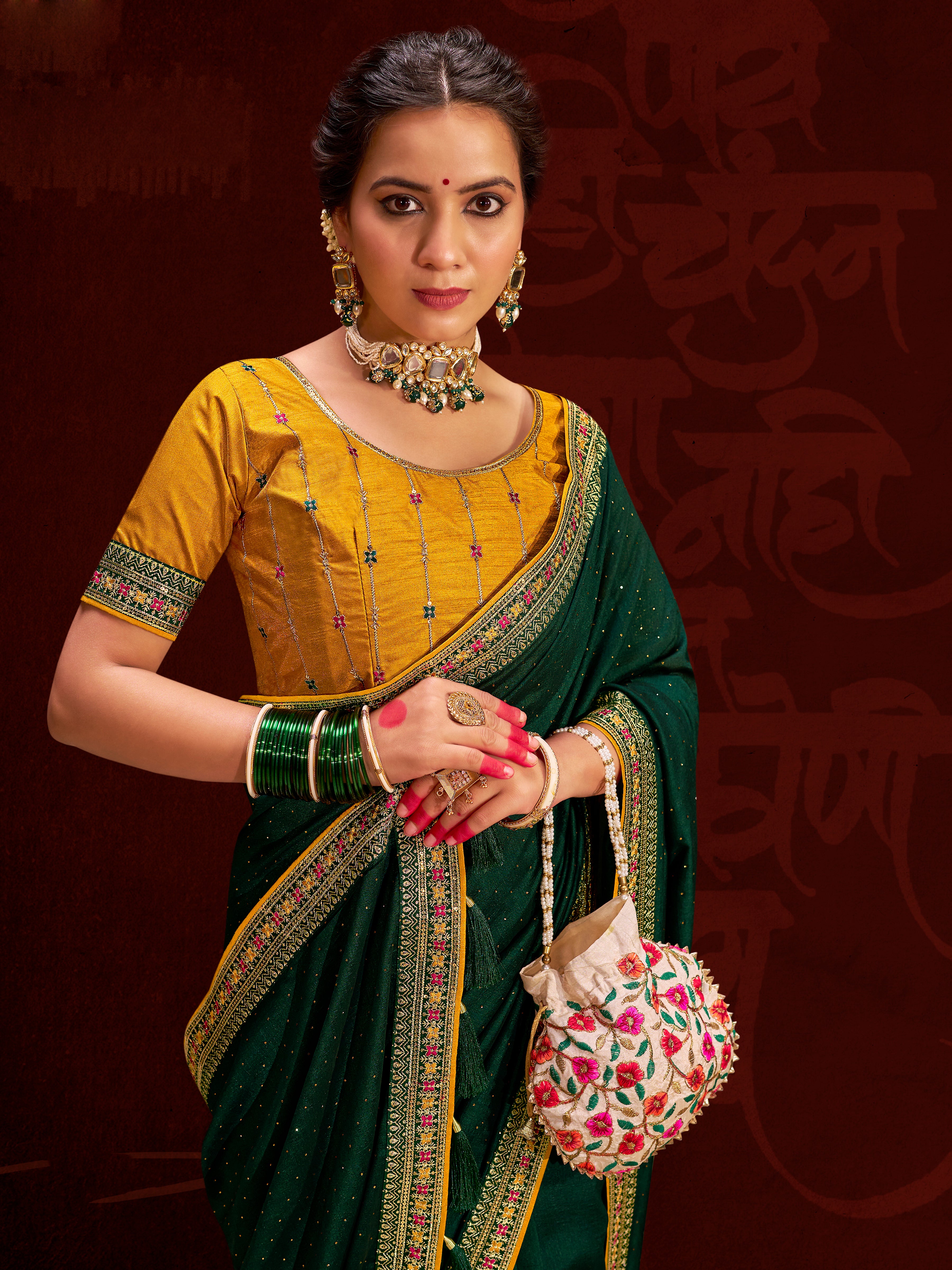 Dark Green Vichitra Silk Saree With Heavy Diamond Work and Embroidery Lace Border