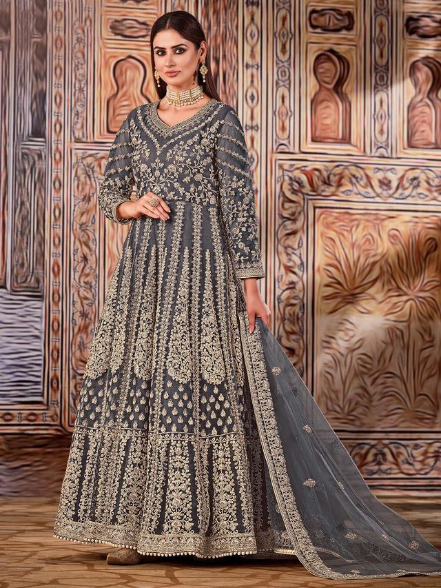 Dark Grey Net Heavy Thread Embroidery And Zari Work Anarkali Suits
