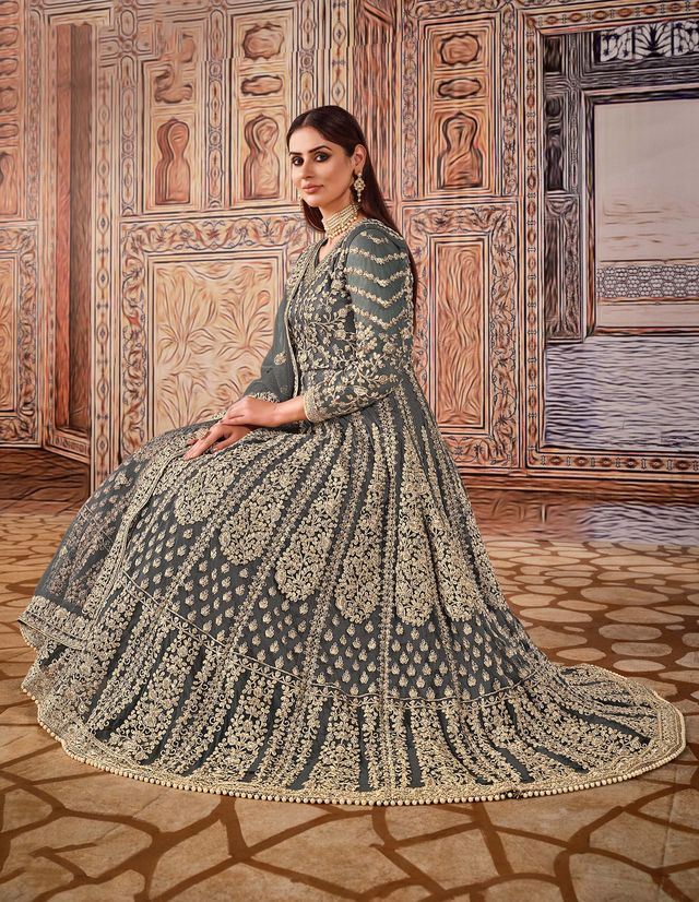 Dark Grey Net Heavy Thread Embroidery And Zari Work Anarkali Suits