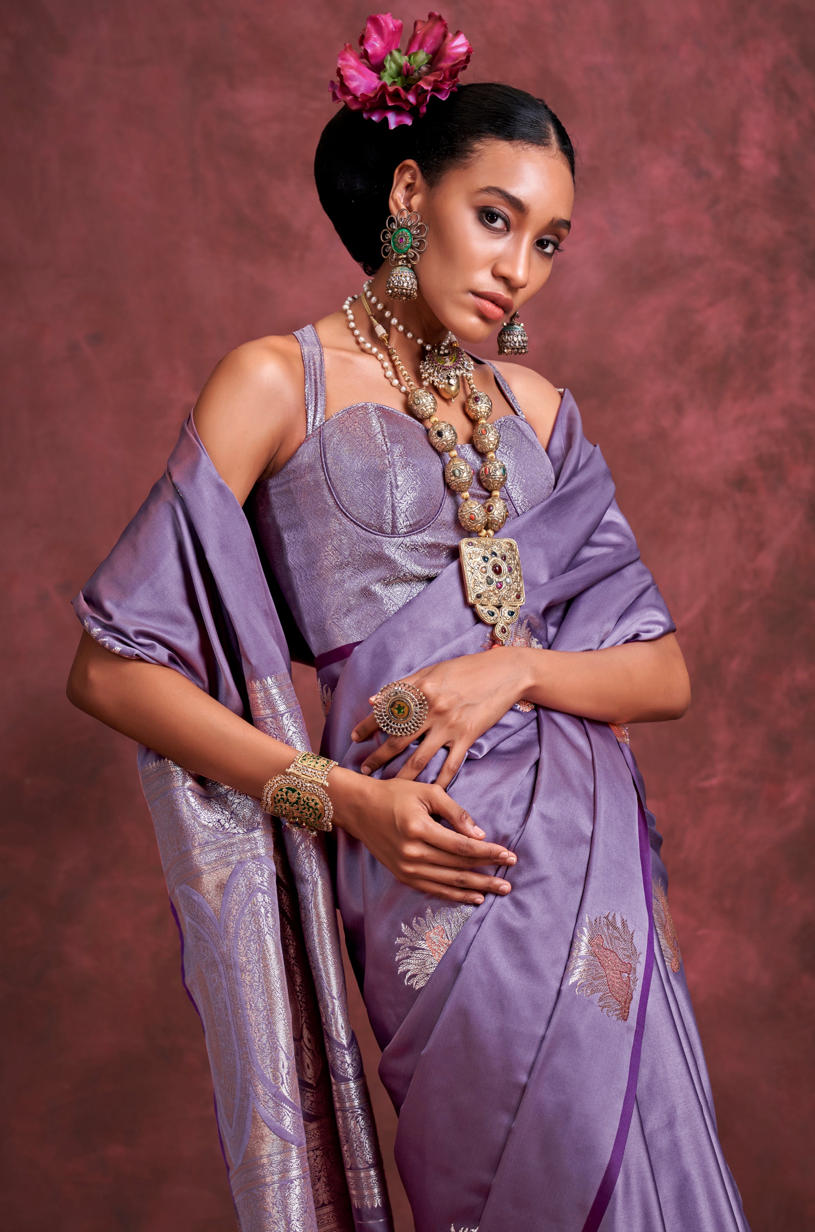 Dark Lavender Color Satin Silk Saree With Jacquard Woven Work