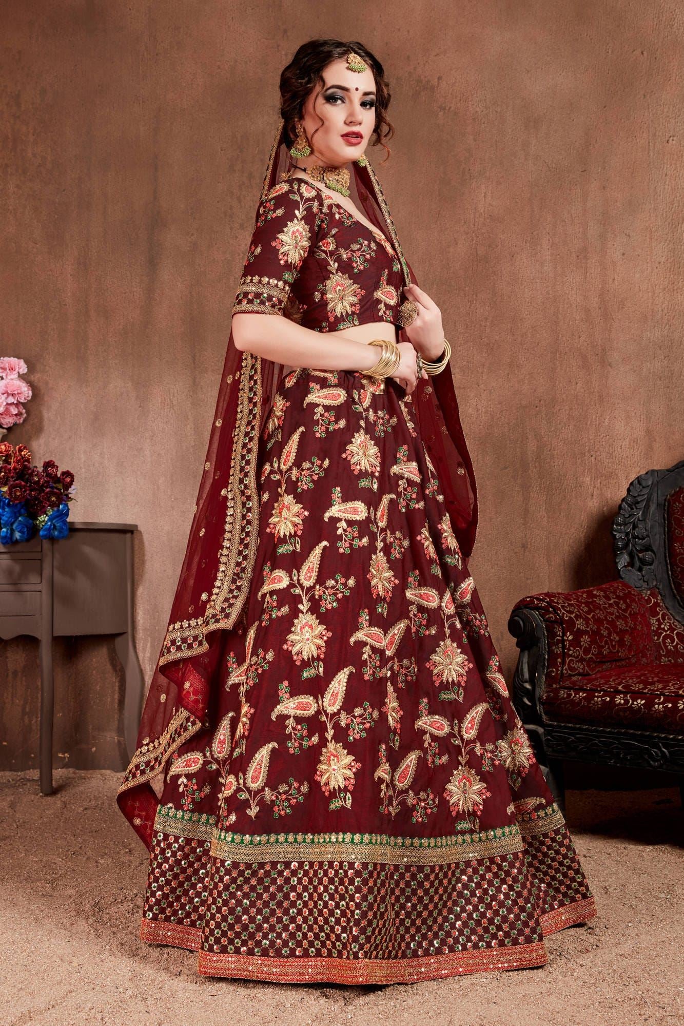 Dark Maroon Lehenga Choli With Thread, Dori, Zari, Sequins Embroidery Work