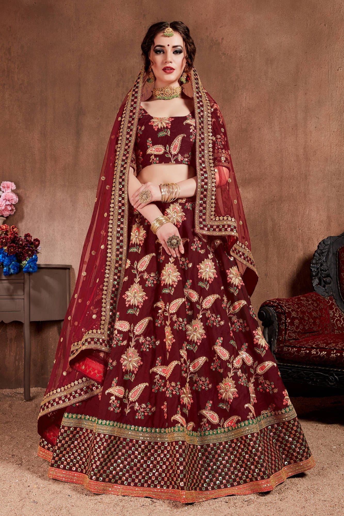 Dark Maroon Lehenga Choli With Thread, Dori, Zari, Sequins Embroidery Work