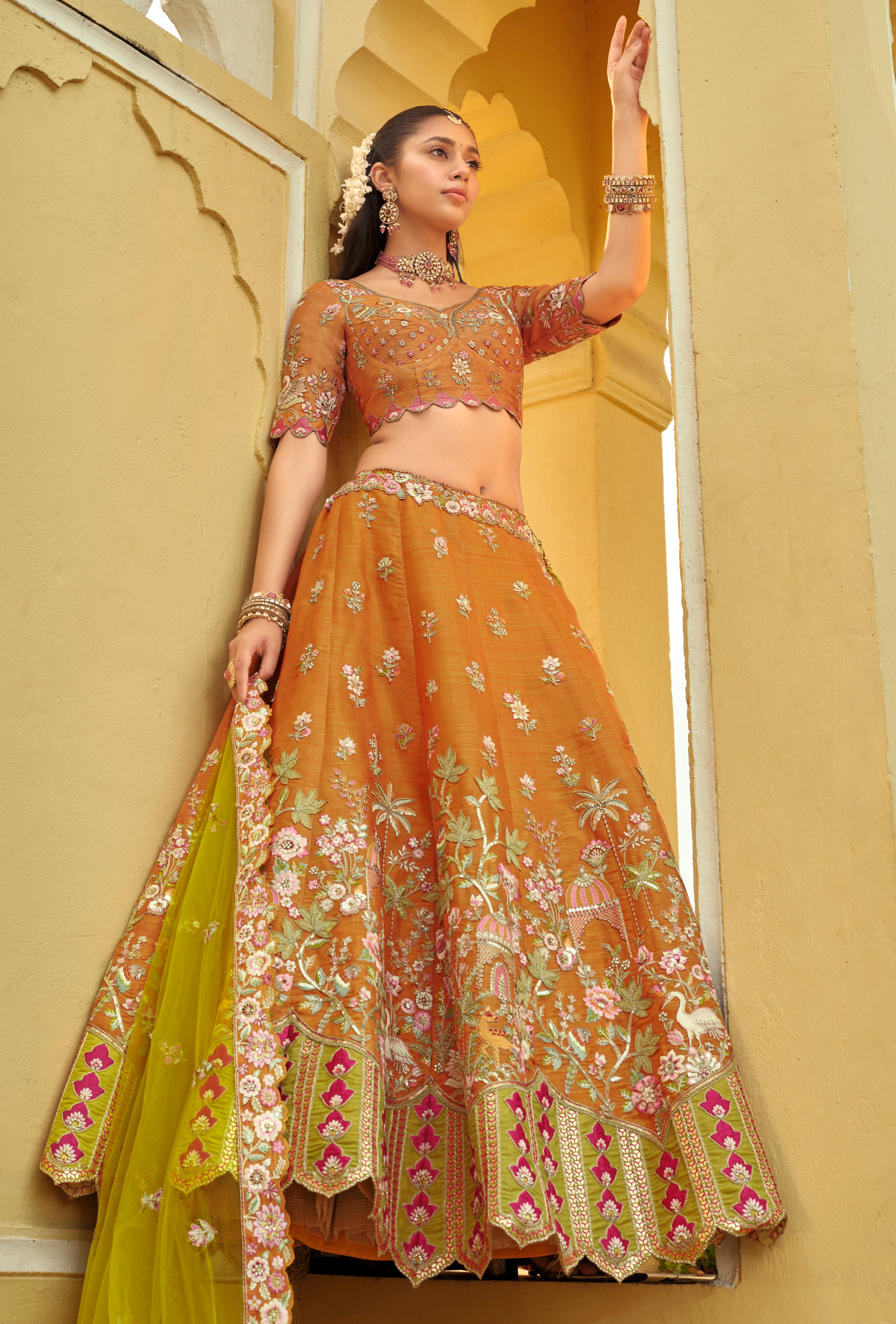 Dark Orange Silk Readymade Lehenga Choli With Heavy Thread Embroidery, Sequence, Border Weaving, Art Mirror and Cut Work