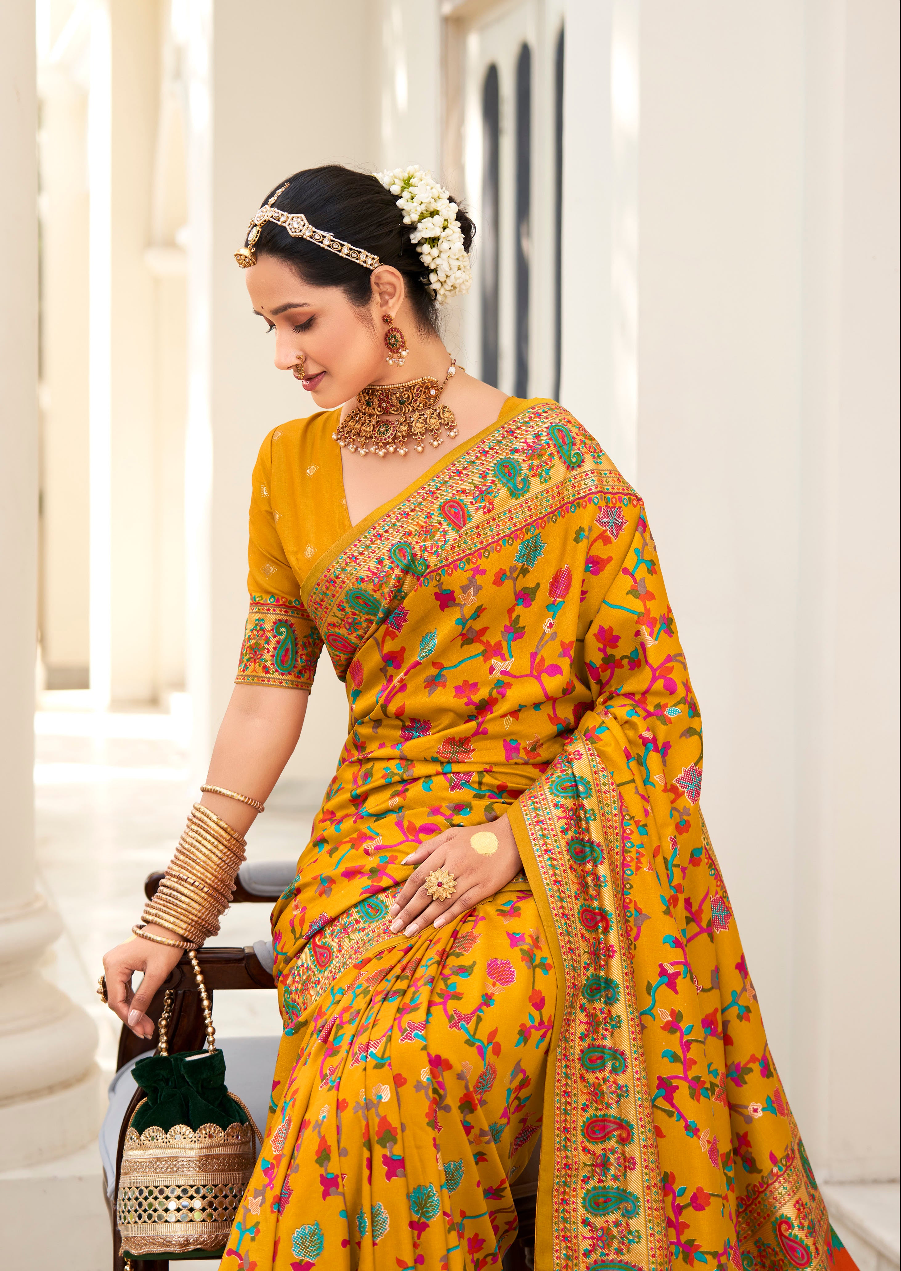 Dark Orange Velvet Tussar Silk Woven Designer With Floral Printed Ethnic Wedding Wear Saree