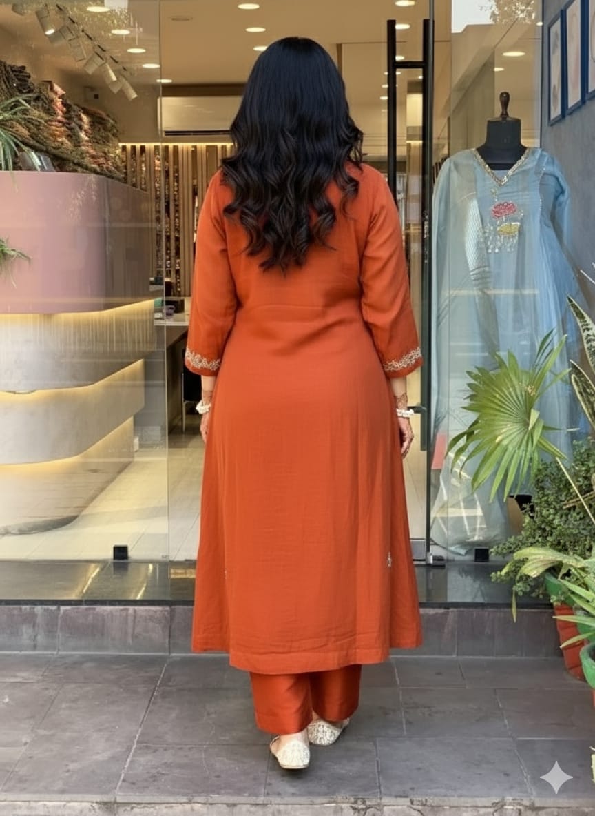 Dark Orange Vichitra Kurta Pant Set With Heavy Thread Embroidered Work
