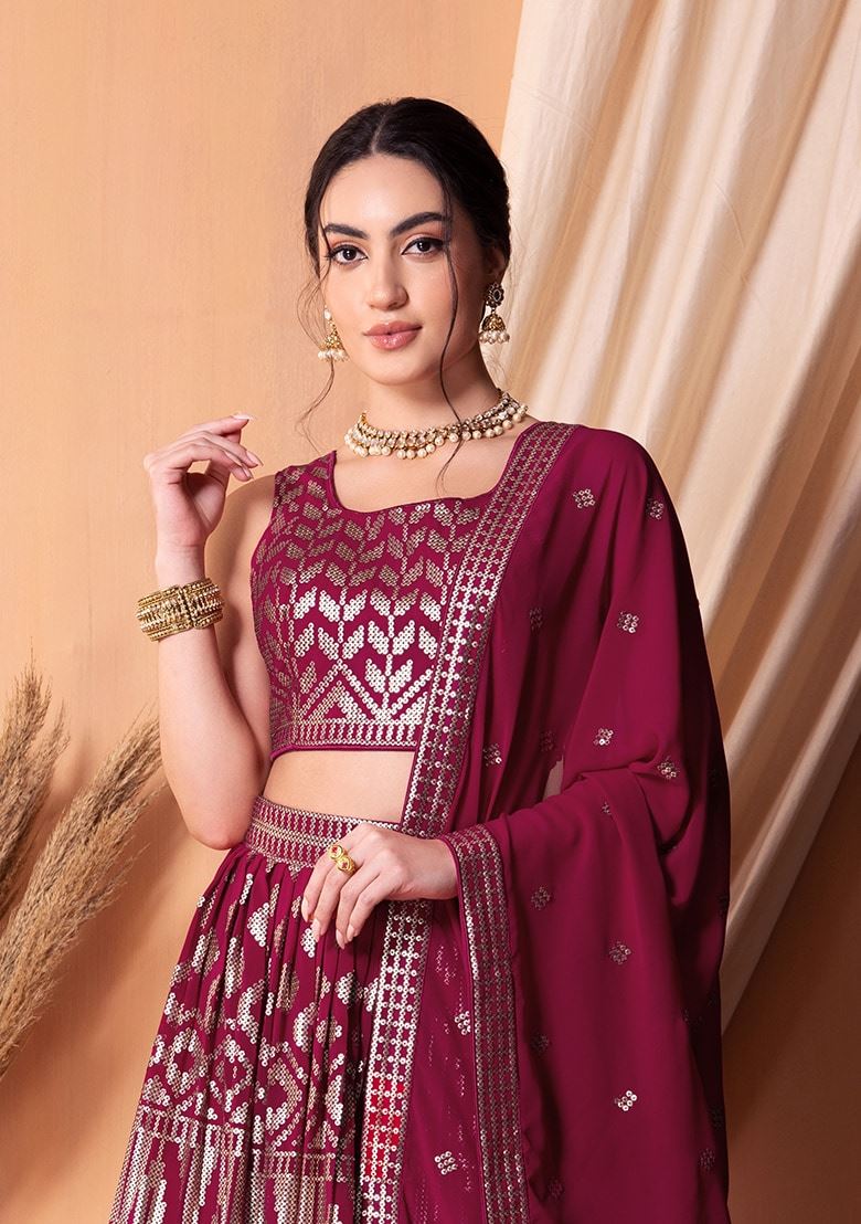 Dark Pink Georgette Lehenga Choli With Sequins & Thread Embroidery Work