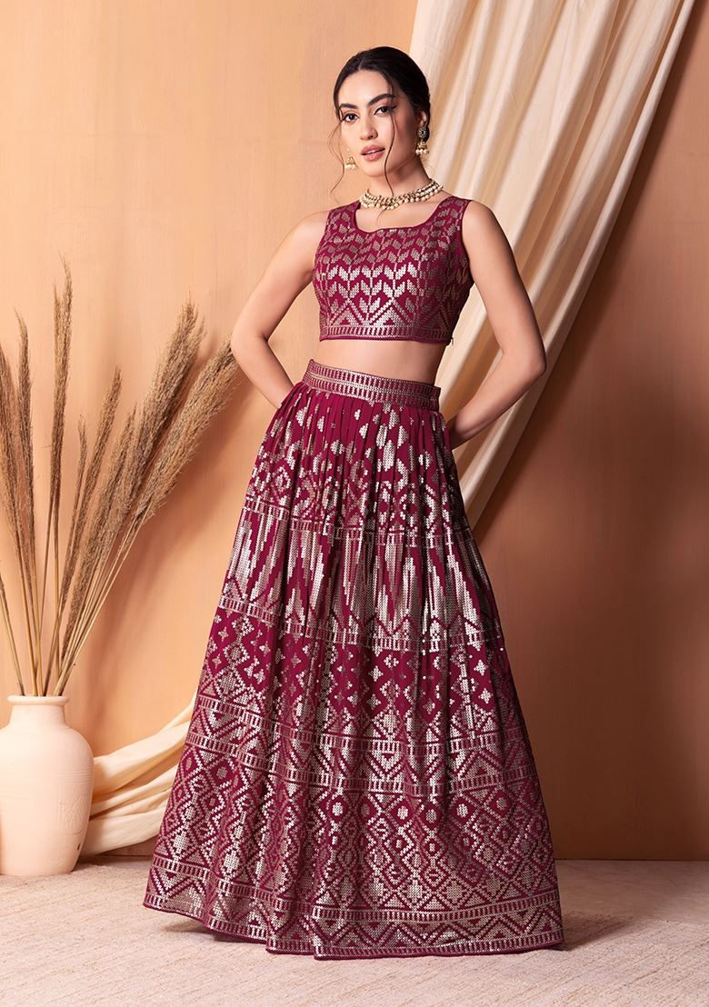 Dark Pink Georgette Lehenga Choli With Sequins & Thread Embroidery Work