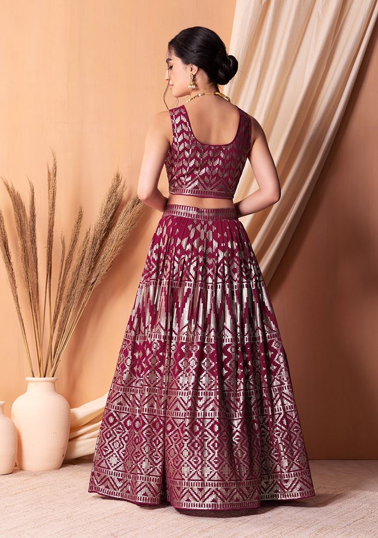 Dark Pink Georgette Lehenga Choli With Sequins & Thread Embroidery Work