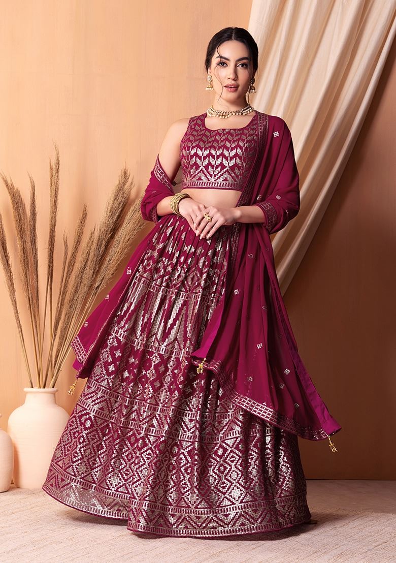 Dark Pink Georgette Lehenga Choli With Sequins & Thread Embroidery Work
