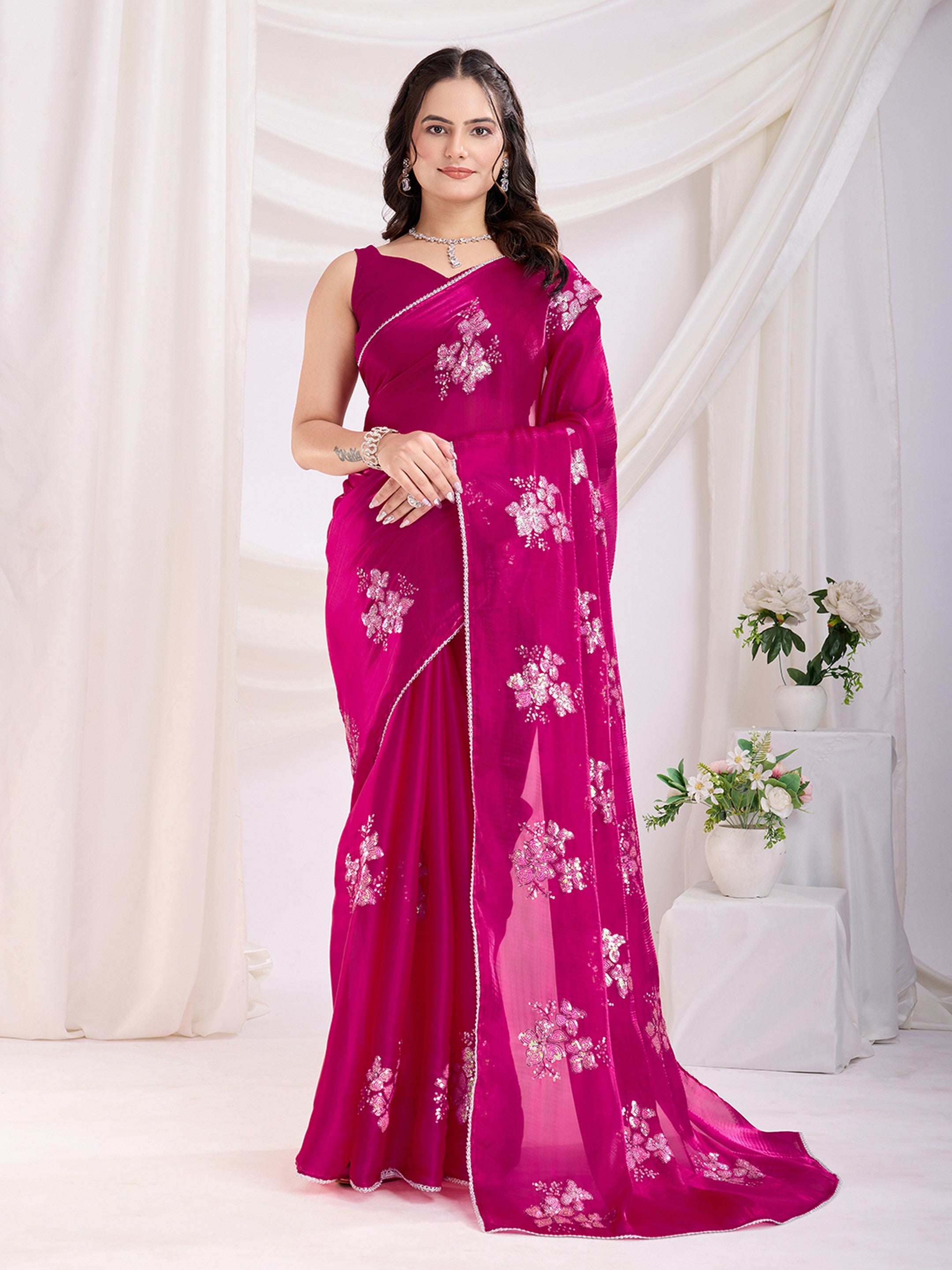 Dark Pink Jimmi Choo Sequins Embroidery Work Ethnic Party Saree