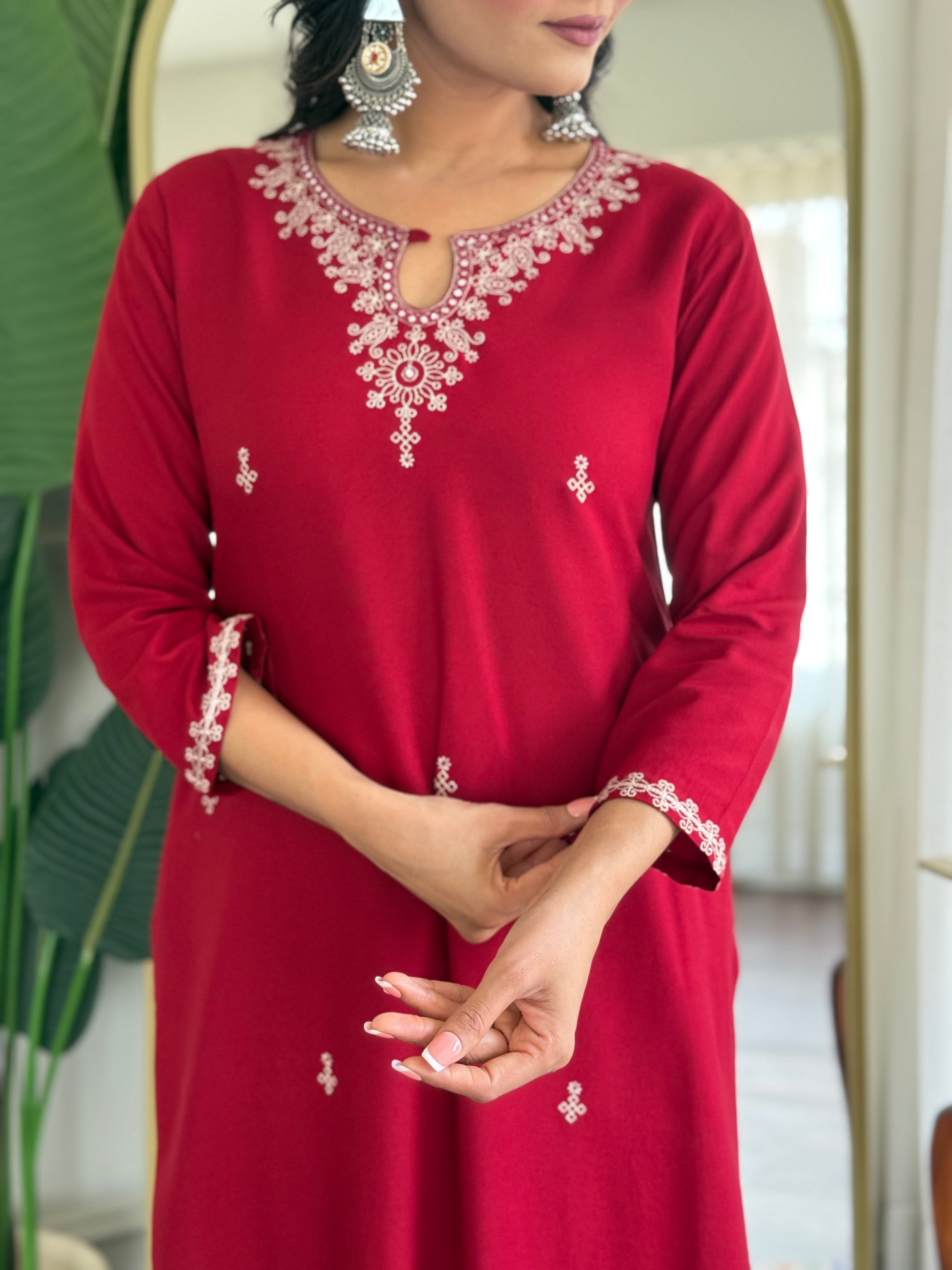 Dark Pink Pure Viscose Rayon Kurta Pant with Heavy Thread Embroidery Work With Printed Dupatta