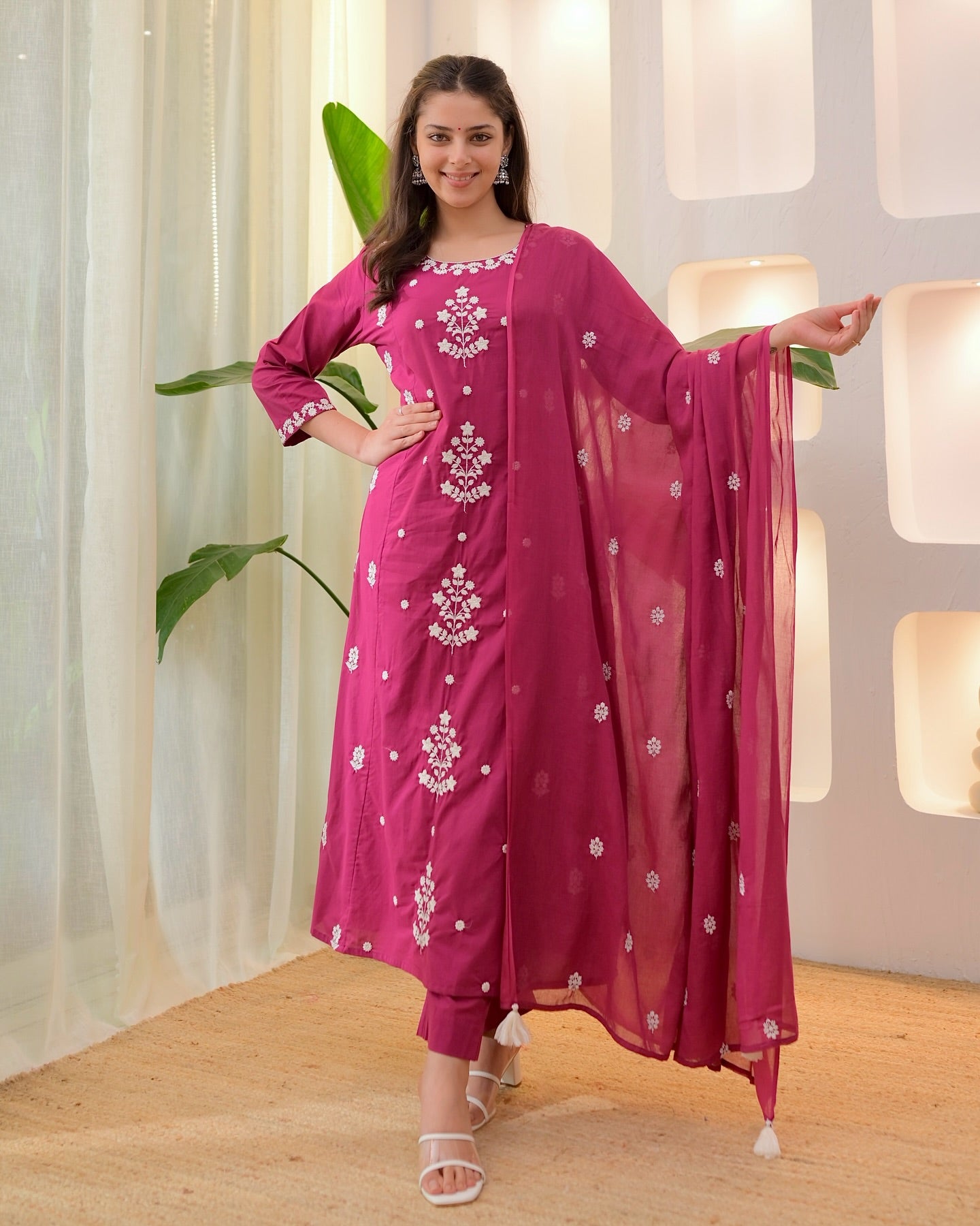 Dark Pink Rayon Slub Kurta Pant Set With Heavy Thread Embroidery Work